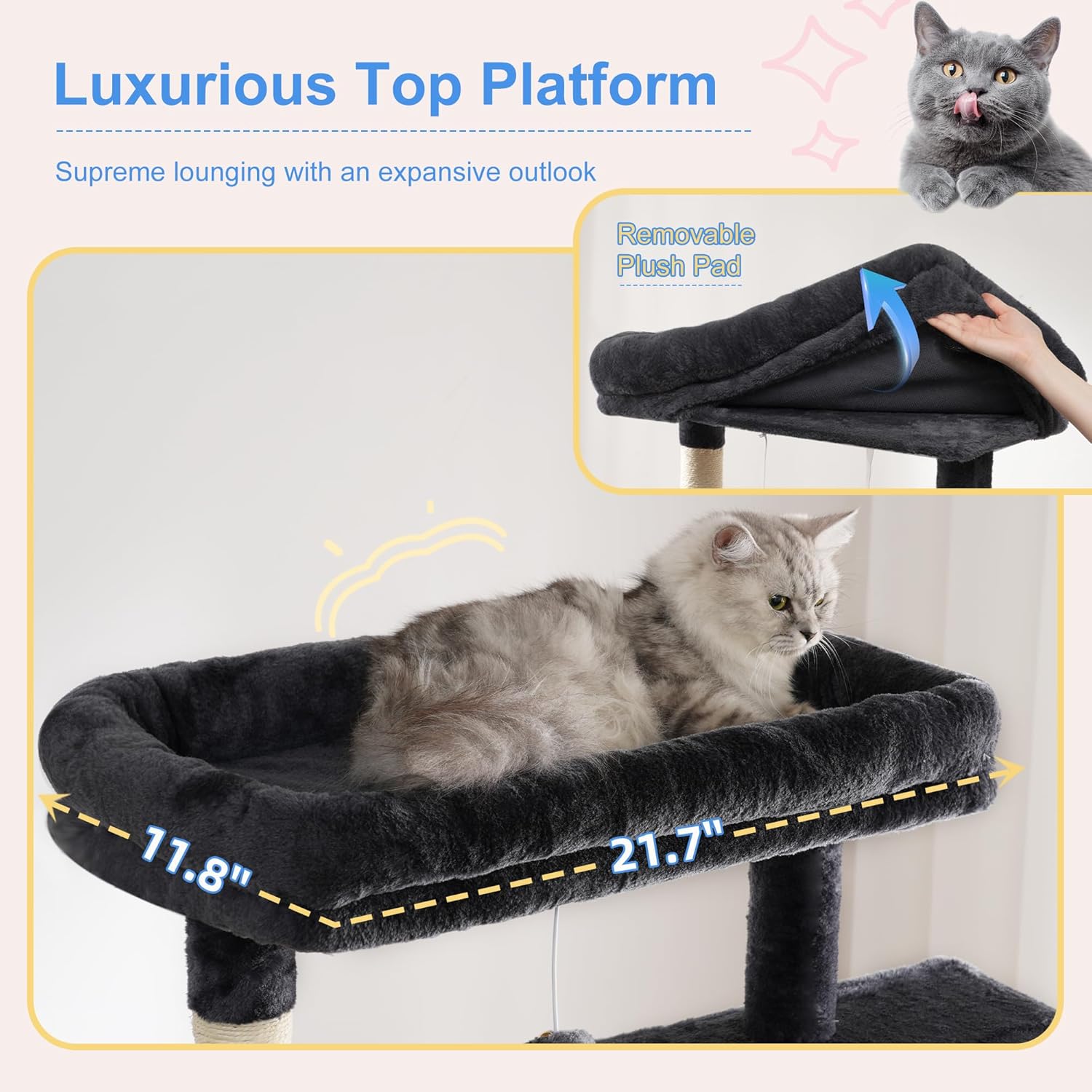 Heybly Cat Tree, 76-Inch Tall Heavy Duty Cat Tower for Big Cats with Extra Wide Baseboard, Multi-Level Large Cat Furniture with 2 Condos & 2 Hammocks, 10 Scratching Posts, Smoky Gray HCT039G - Happypetzone.online - Image 3