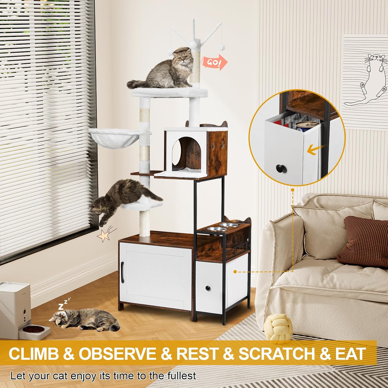 Snughome Cat Tree with Litter Box Enclosure, 3-in-1 Modern Cat Tower for Indoor Cats, 67.32’’ Hidden Cat Litter Box Furniture with Cat Condo, Food Station and Hammocks, All-in-one Cat Furniture - Happypetzone.online - Image 4