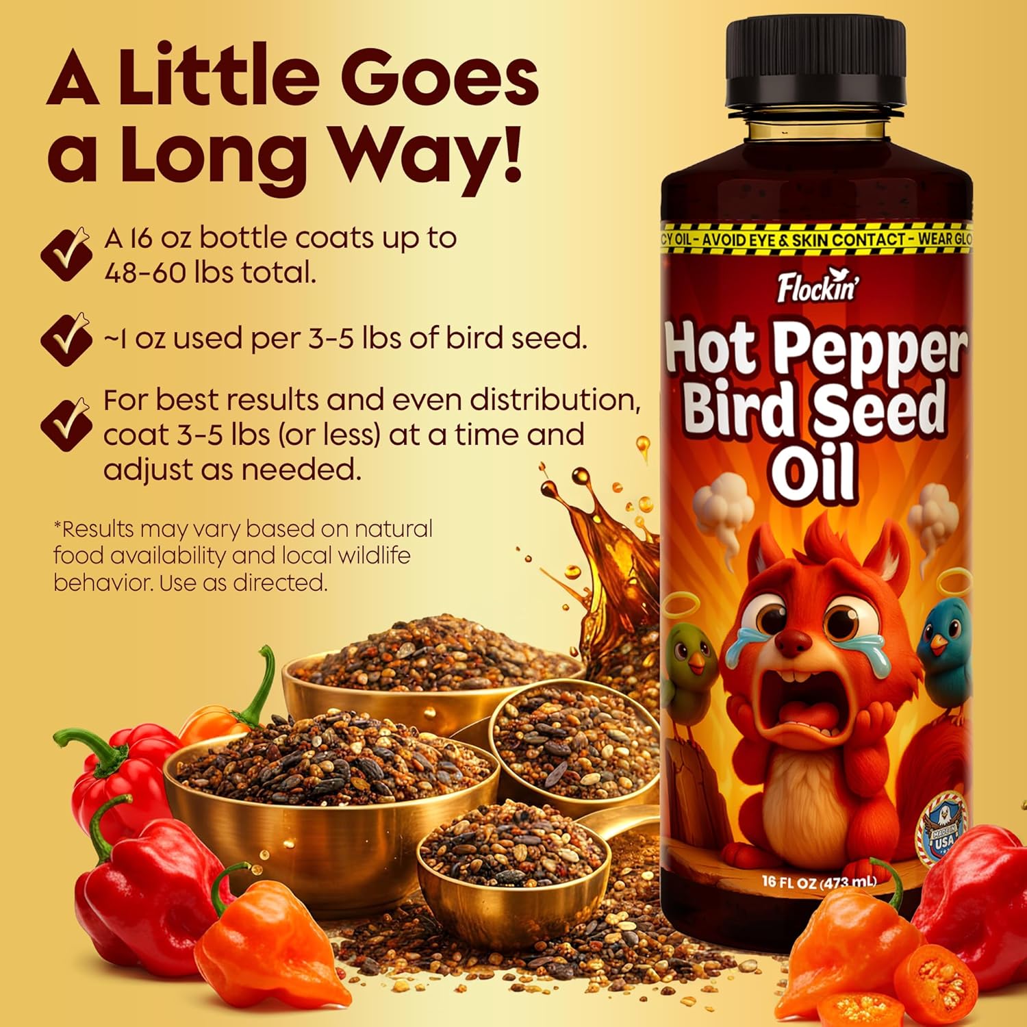 Flaming Hot Pepper Bird Seed Oil - Extremely Spicy Squirrel Seed Sauce - Helps Limit Squirrels at Bird Feeders - Safe for Wild Birds - Birds Can't Taste Spice, All Natural Ingredients, USA Made (16oz) - Happypetzone.online - Image 7