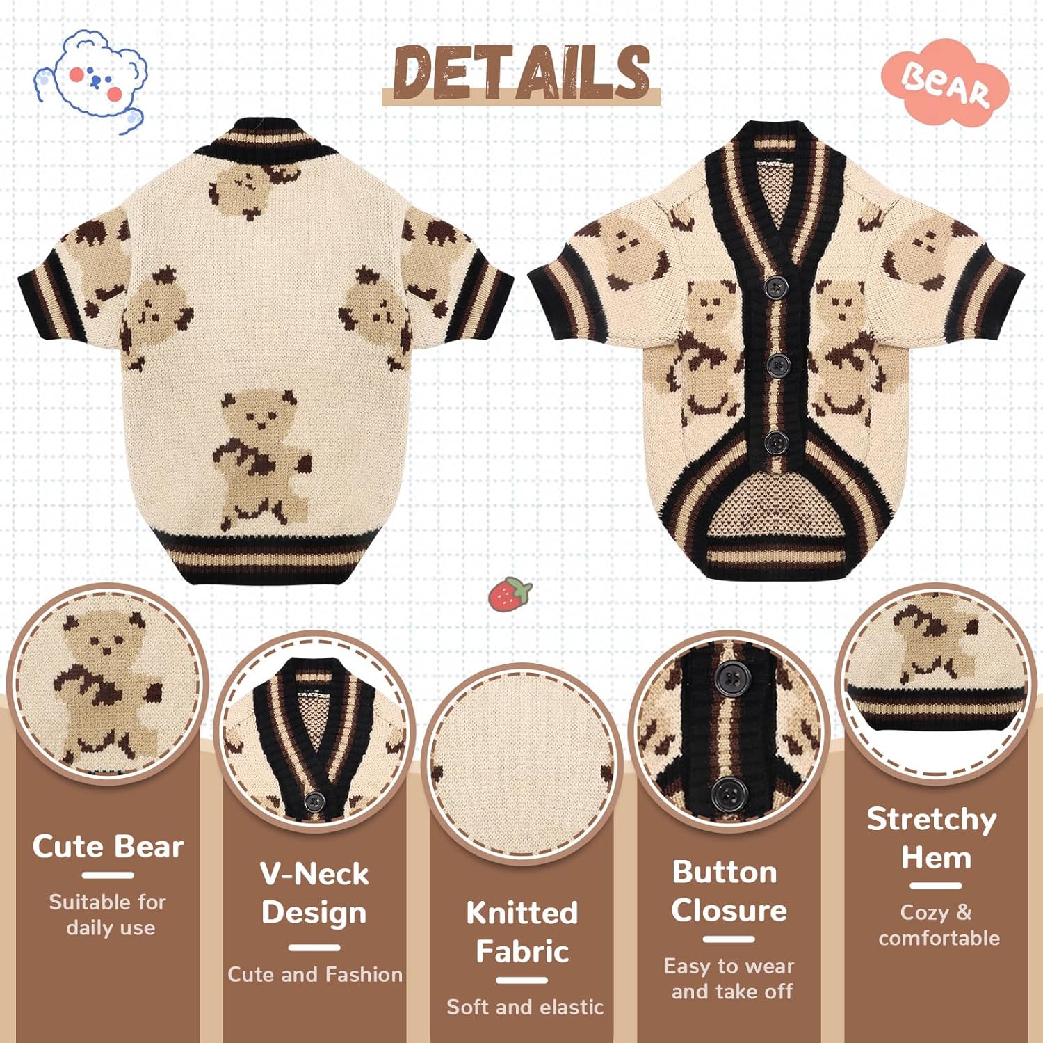 ABRRLO Small Dog Sweaters Cute Bear Dog Cardigans Clothes for Small Medium Dogs Boy Girl Puppy Cat Knitting Cardigan Outfits Dogs Autumn Coats Warm Pet Doggy Clothes Soft Knitwear Apparel (Beige,M) - Happypetzone.online - Image 4