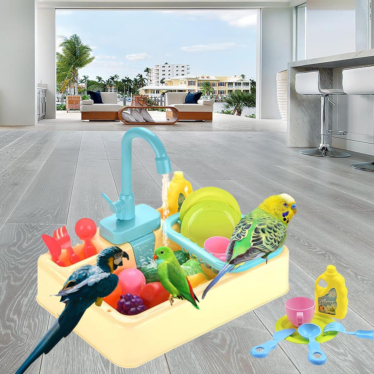Parrot Bird Bathtub Shower Box Bathing Tub Container Cage, Automatic Pet Bird Bath with Faucet, Ferret Bathtub Swimming Pool Bath Shower Water Dispenser for Small Medium Parakeet Cleaning (Yellow) - Happypetzone.online - Image 4