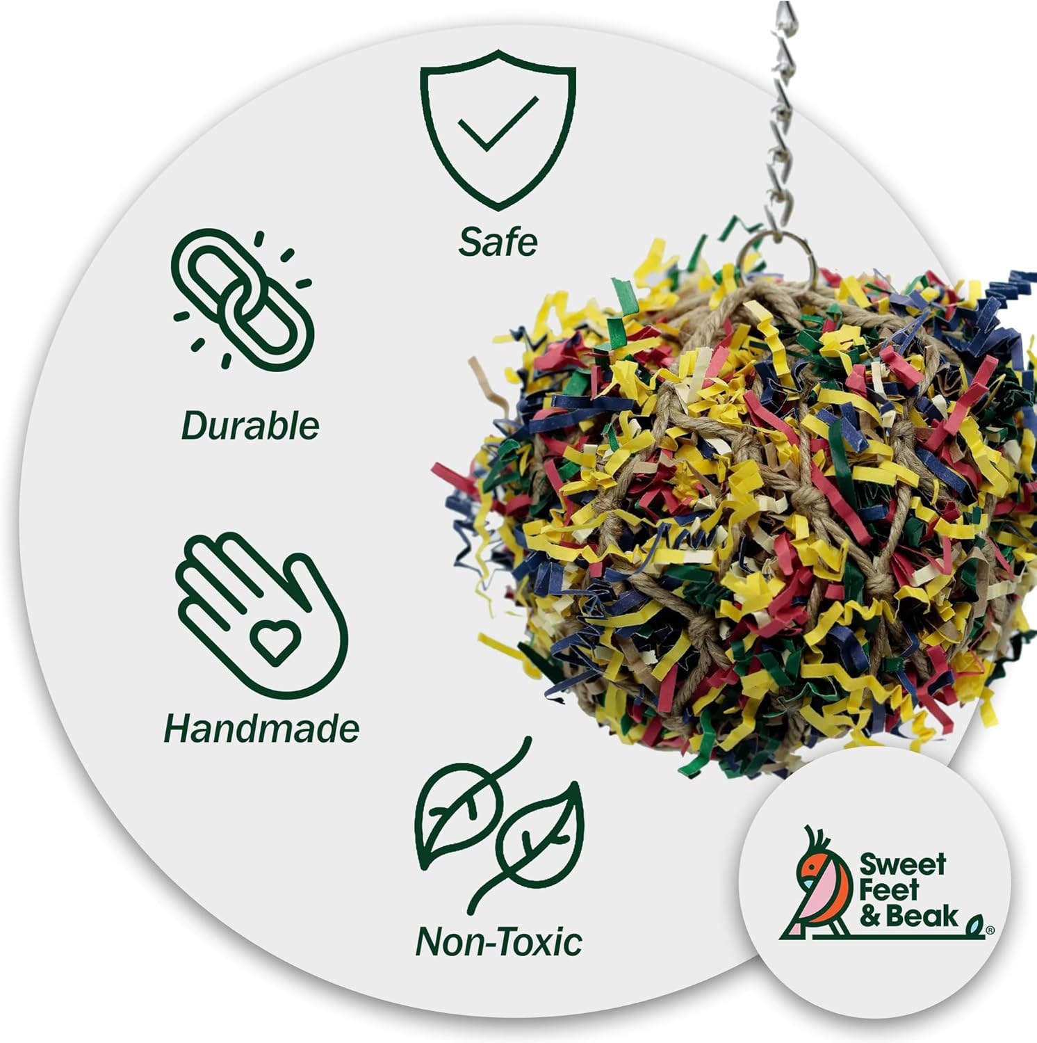3” Super Shredder Ball Bird Toy - Fun Foraging Toys for Birds w/ Colorful Paper & Wooden Treasures - Easy to Hang Shredding Toys for Birds - Bird Shredding Toys for Cockatiels, Parrots & More - Happypetzone.online - Image 3