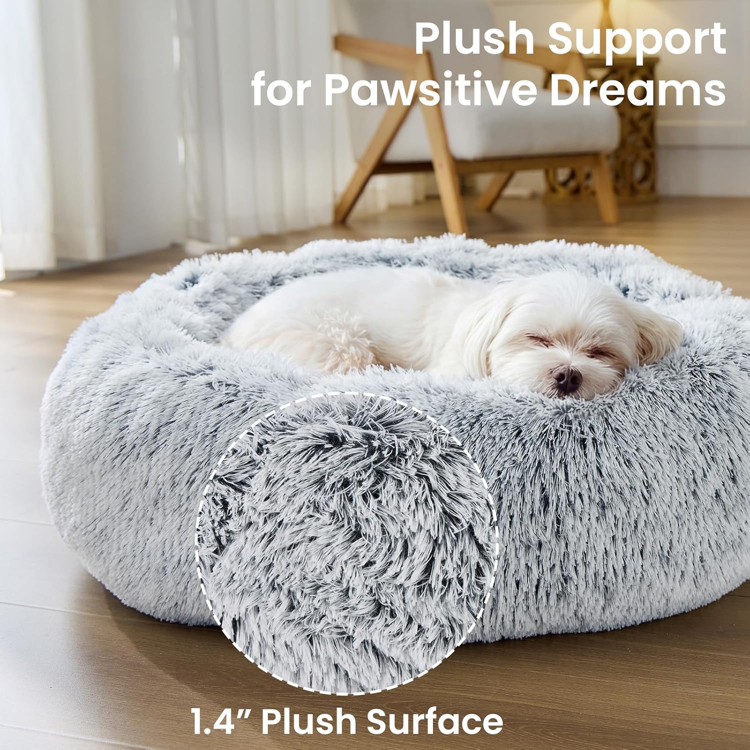 JOLLYVOGUE Small Dog & Cat Beds for Indoor Cats - 20 inches Calming Donut Dog Bed for Kittens & Puppies, Washable Round Fluffy Plush Faux Fur Pet Beds (Smoke Grey) - Happypetzone.online - Image 4