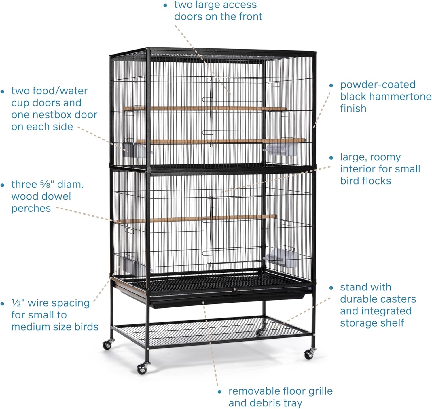 Prevue Pet Products Steel Bird Flight Cage with Wheels - Large Birdcage for Parakeets, Canaries, Finches, Cockatiels, Lovebirds, & Green Cheek, Metal Standing Birdcage - Black, Large - Happypetzone.online - Image 4