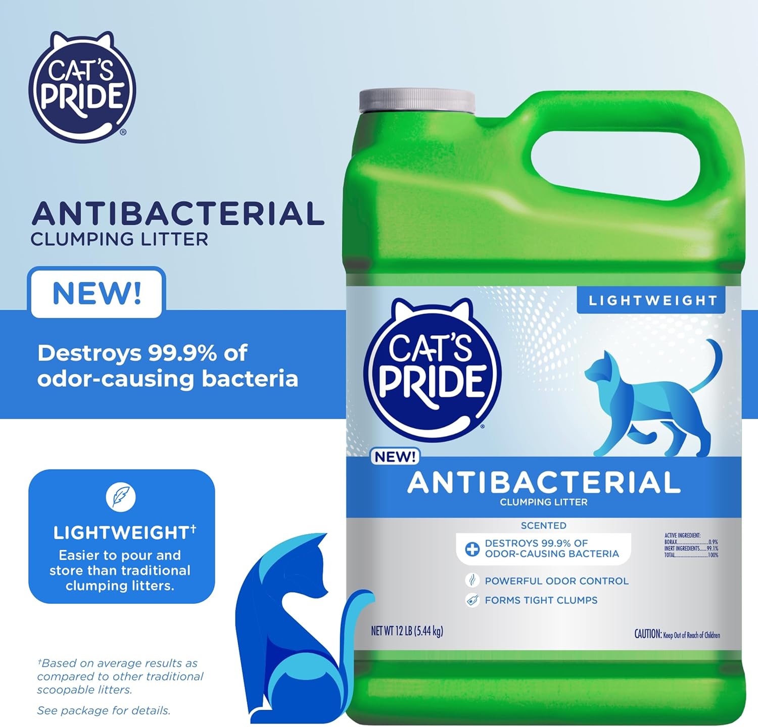 Cat's Pride NEW Antibacterial Cat Litter: Destroys 99.9% of Odor-Causing Bacteria - Powerful Odor Control - Premium Lightweight Clumping Litter - Scented, 12 Pounds - Happypetzone.online - Image 2