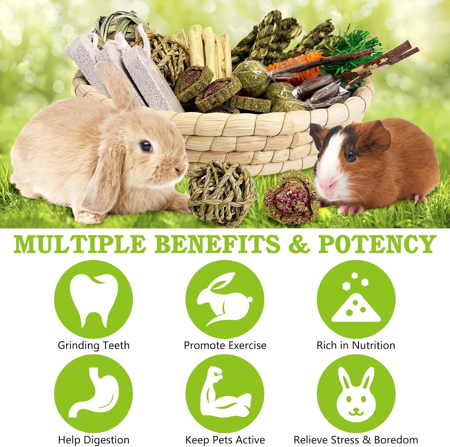 PINVNBY 30PCS Rabbit Chew Toys Set for Teeth Health Natural Bunny Enrichment for Bunnies Boredom Guinea Pig Treats Straw Basket Bunny Bed for Chinchilla Hamster Rat Gerbil - Happypetzone.online - Image 3