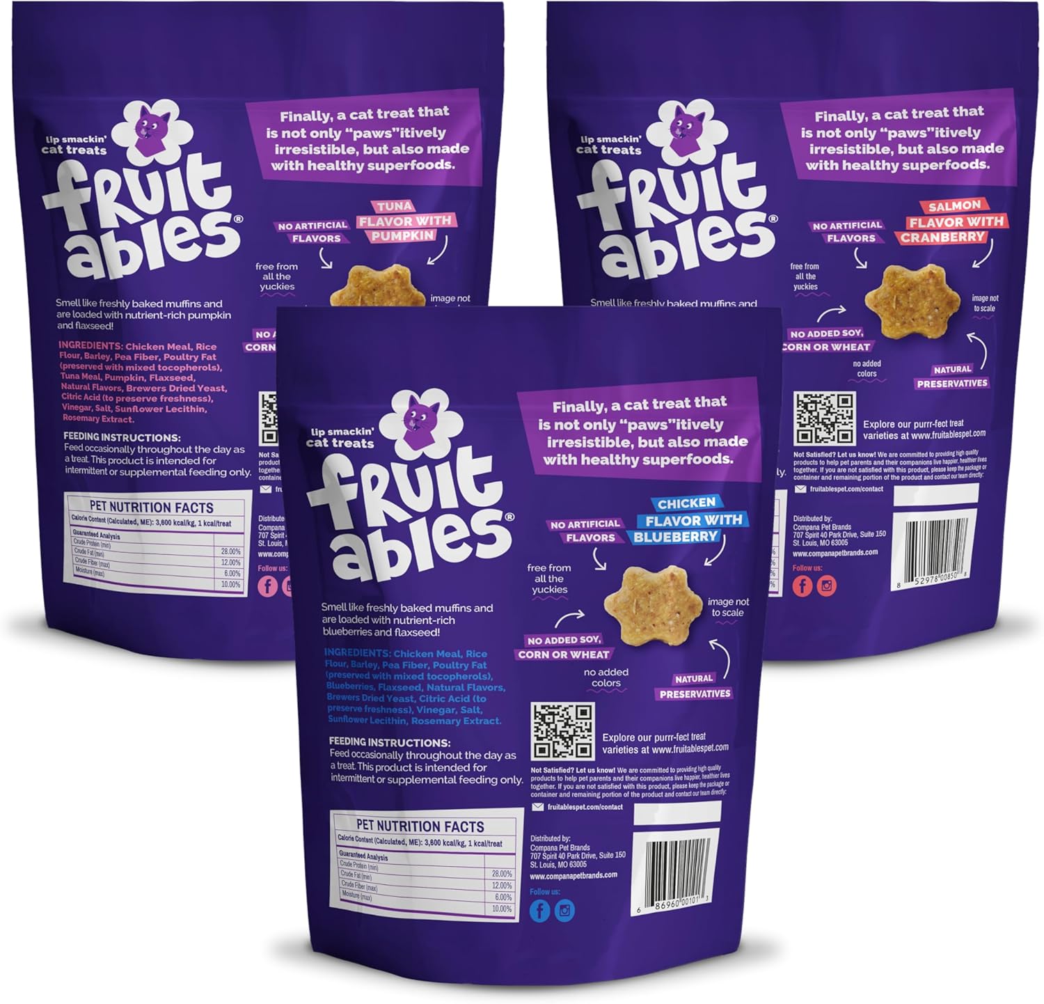 Fruitables Cat Treats - Crunchy Treats for Cats - Healthy Low Calories Packed with Protein - Free of Wheat, Corn and Soy - Made with Real Salmon, Tuna, Chicken - 2.5 Oz (3 Pk) - Happypetzone.online - Image 2
