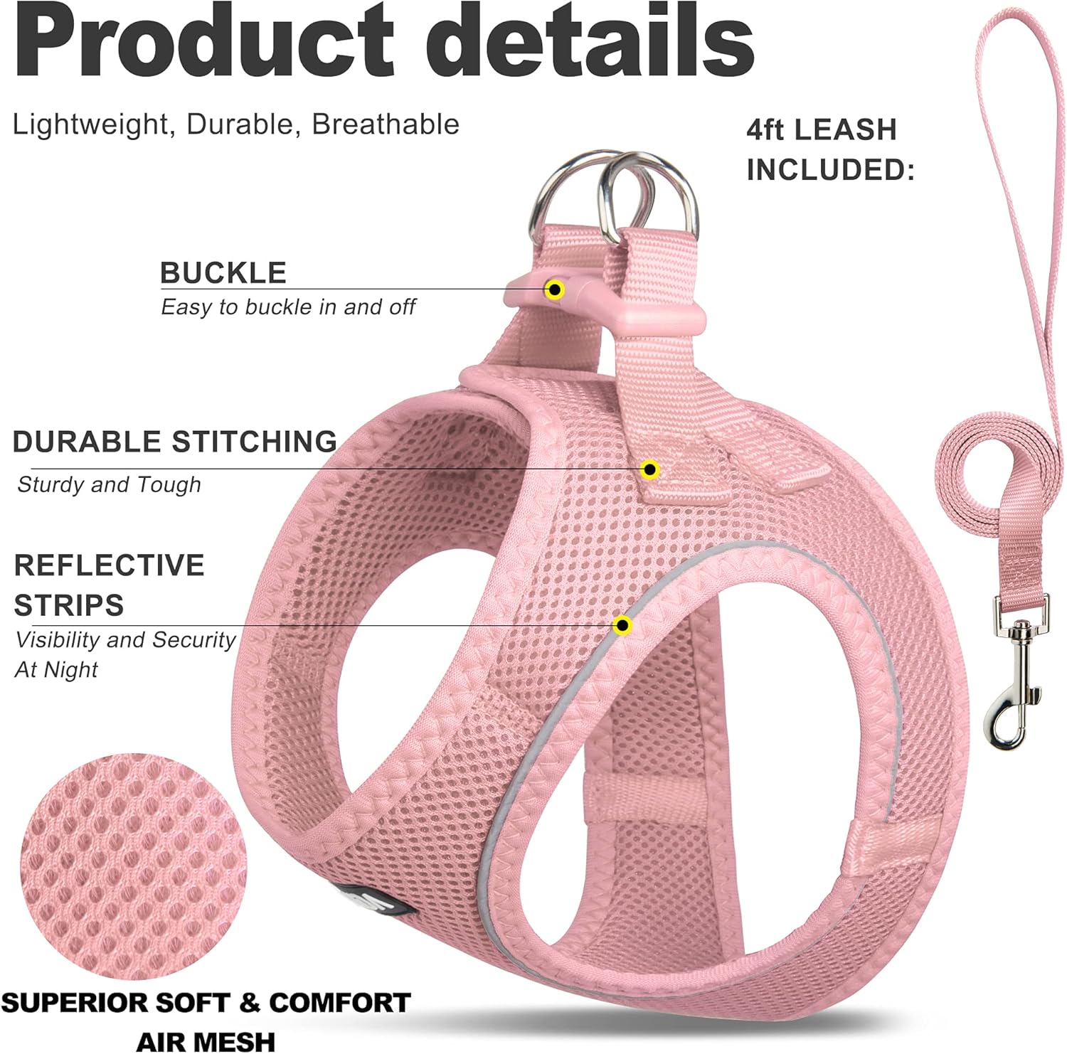 Fida Cat Harness and Leash Set for Walking Kitten and Puppy, Escape Proof Kitten Harness with Breathable Lightweight Soft Mesh, Adjustable Reflective Step-in Design. (XXXS, Pink) - Happypetzone.online - Image 2