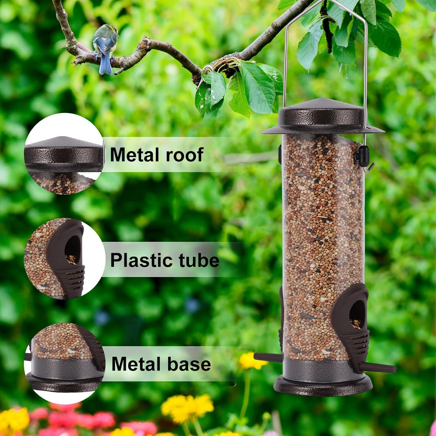 Bird Feeders with 4 Packs Birds Food Outdoors Hanging,Wild Bird Feeder with Hanger Hook Weather Resistant 9 Inches 2 Port(Bird Food is Included) - Happypetzone.online - Image 6