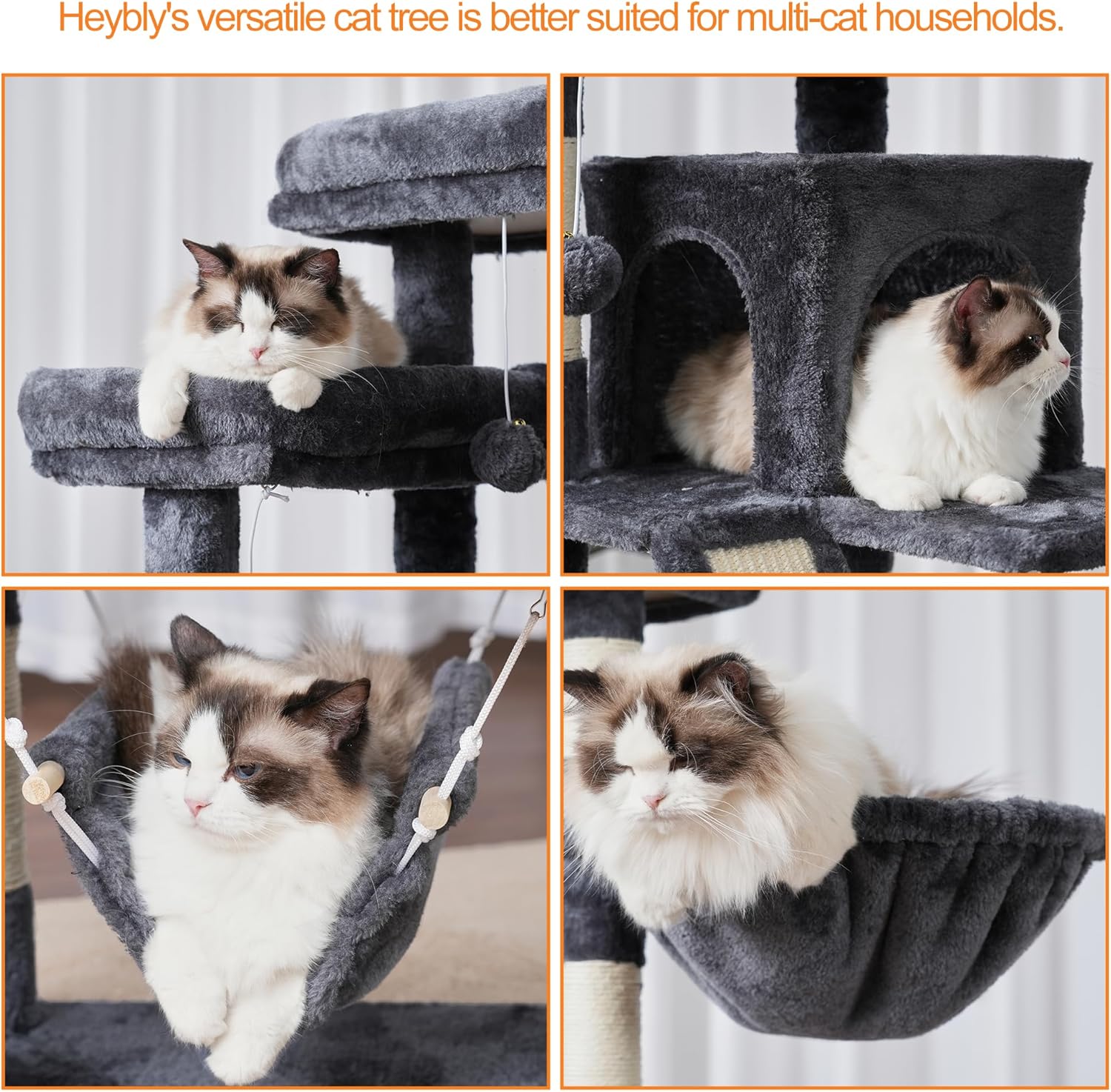 Heybly Cat Tree, 71-Inch-Tall Tower for Indoor Cats with 2 Perches, 2 Big Condos, 2 Hammocks, Basket, Scratching Pad, Large Cat Furniture and Condo, Smoky Gray HCT034G - Happypetzone.online - Image 7