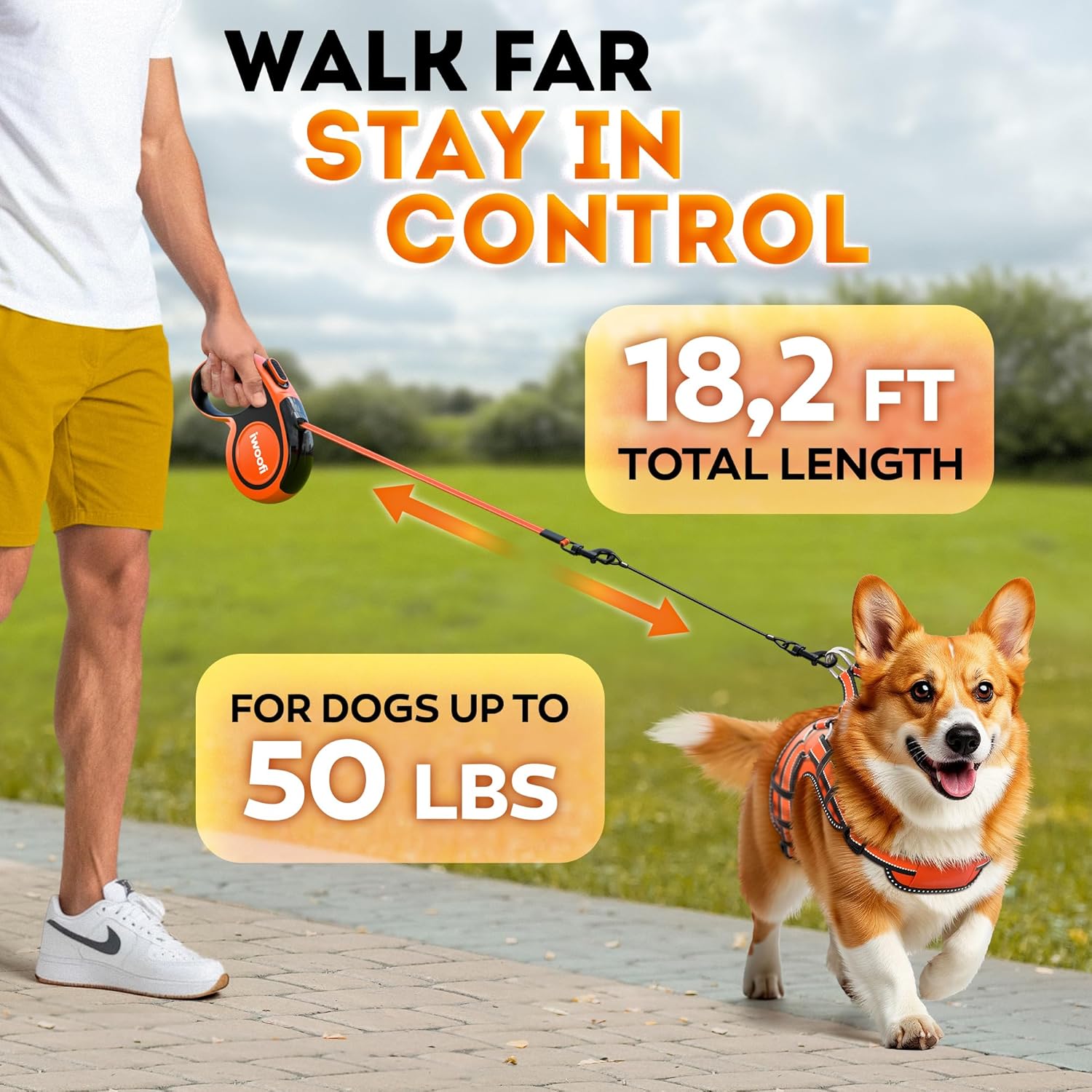 Retractable Dog Leash 18.2 ft – Chew Proof Cable Included – 360° Tangle-Free Design – Heavy Duty Reflective Leash – Soft Anti-Slip Grip Outdoor Daily for Dogs 10-50 lbs (Orange) - Happypetzone.online - Image 2