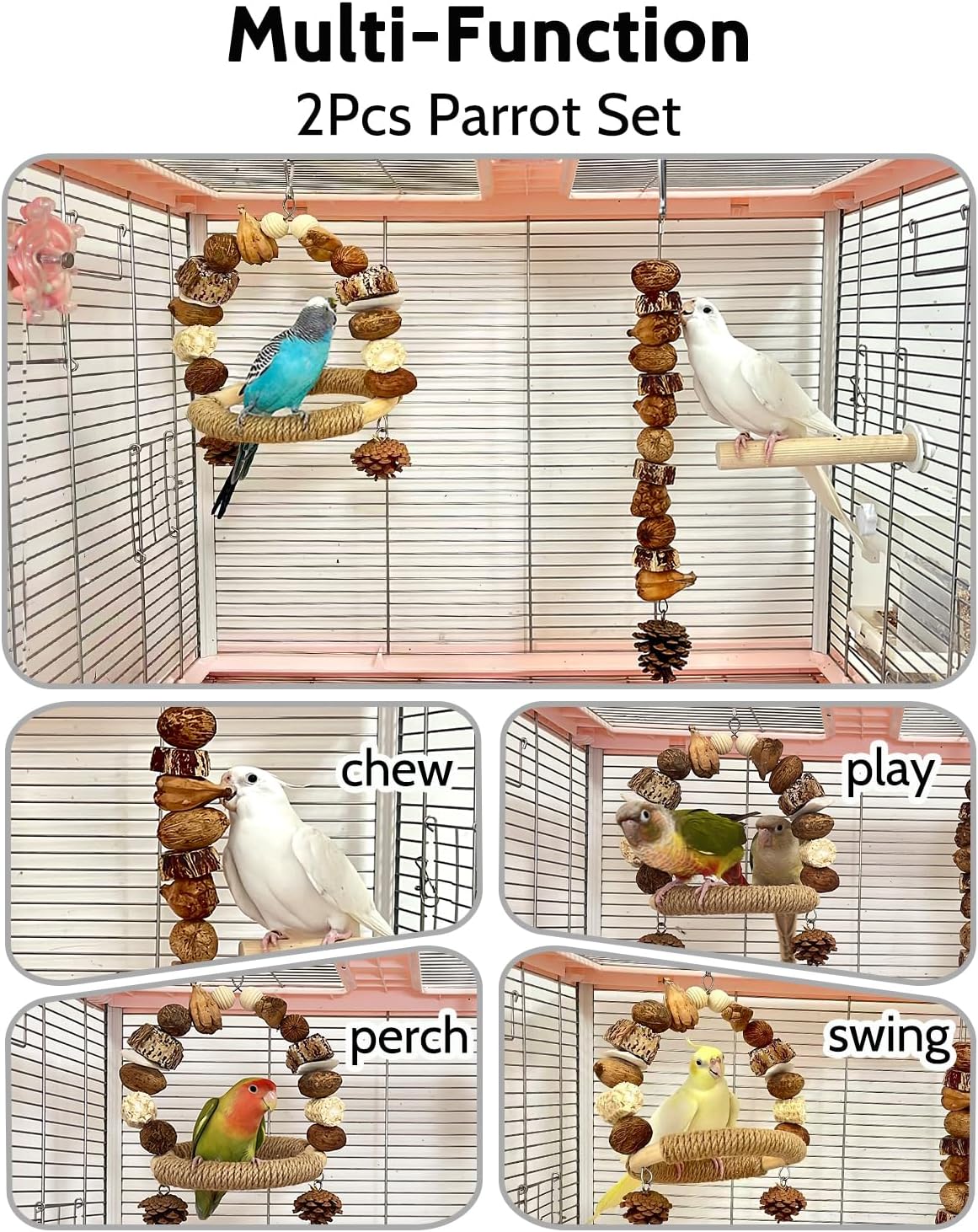 2Pcs Natural Bird Chew Toys, Wood Parakeet Swing Toys with Sisal Wrap for Claw Grinding, Hanging Safe Chew Toys for Parrot Beak Care, Multi-Play Design Cockatiel Toys for Budgie Conure Keeps Busy - Happypetzone.online - Image 2