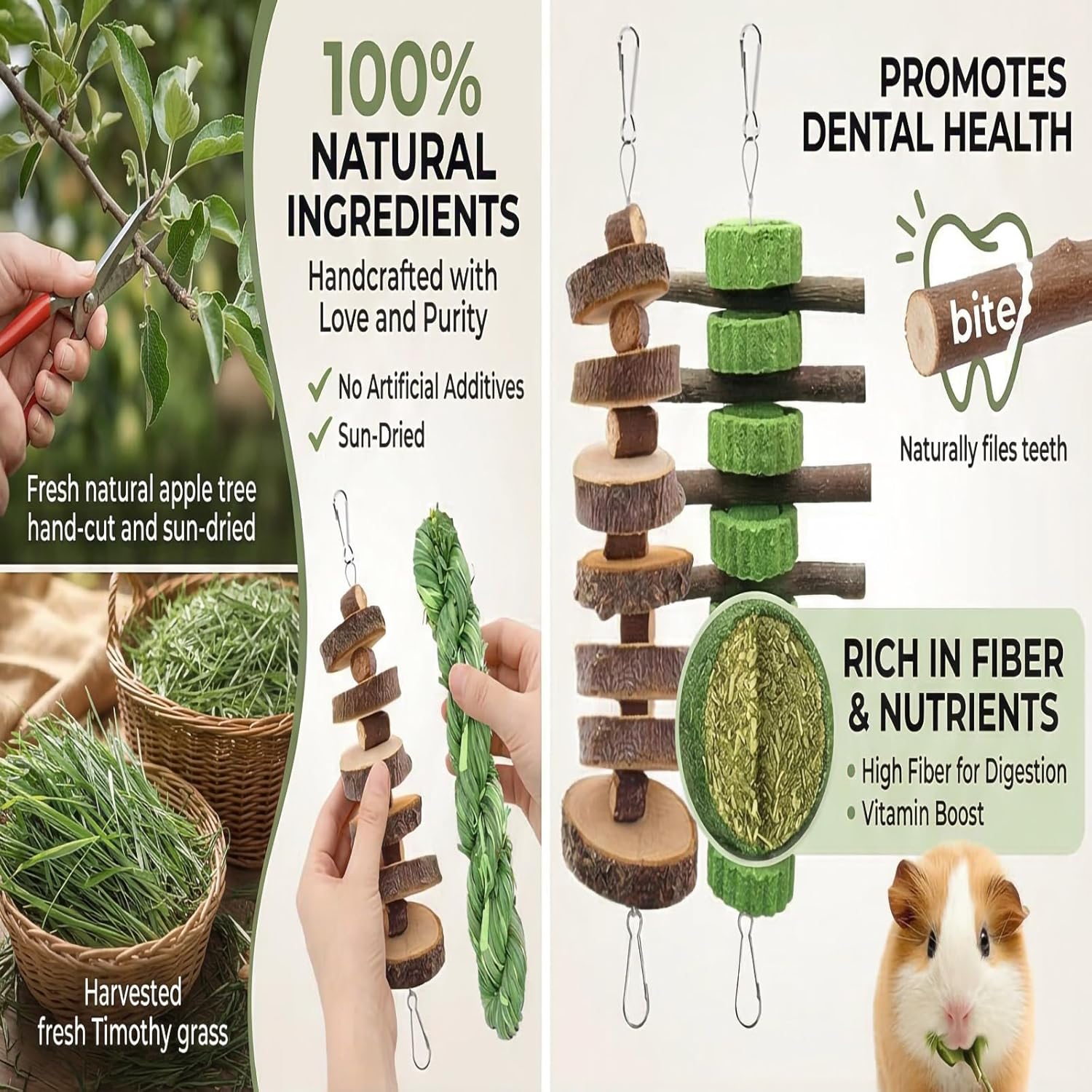 5pcs Rabbit Toys,Bunny Chew Treat for Teeth Grinding,Hanging Timothy Hay Ball +Apple Stick Wood +Alfalfa Grass Cake Food Snack for Cage Guinea Pig Chinchilla Hamster Squirrel Gerbil Rat Parrot - Happypetzone.online - Image 3