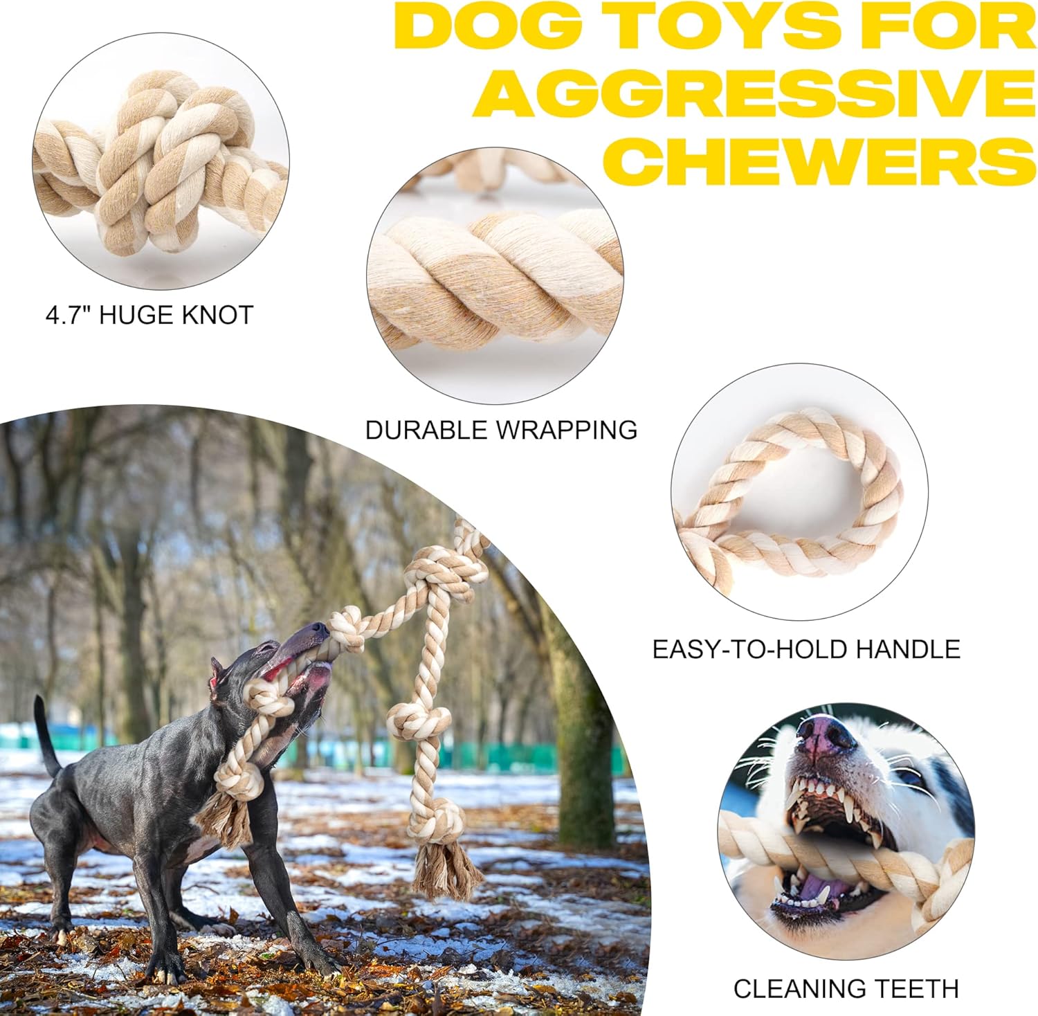 Fida Dog Rope Toys for Aggressive Chewers,Large Dog Toy Designed for Tug of War, Tough Dog Rope Toy Indestructible Made of Undyed Natural Cotton, 29" Large Dog Toys with 3 Big Knots and a Handle - Happypetzone.online - Image 4