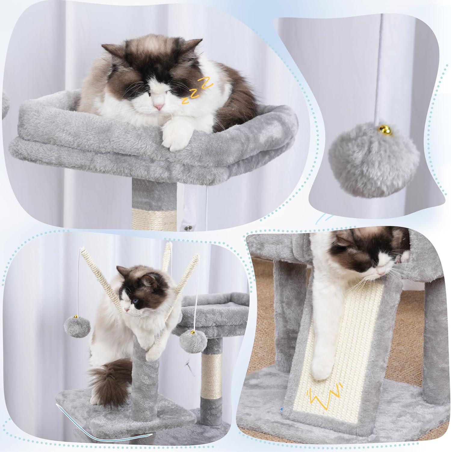 Hey-brother Cat Tree Tower, Scratching Posts with Removable Toys, Cozy Condo, Platform, Hammock, Sisal Scratch Board and Ball for Indoor Kittens, 41.3 Inches, Light Gray MPJ008SW - Happypetzone.online - Image 6