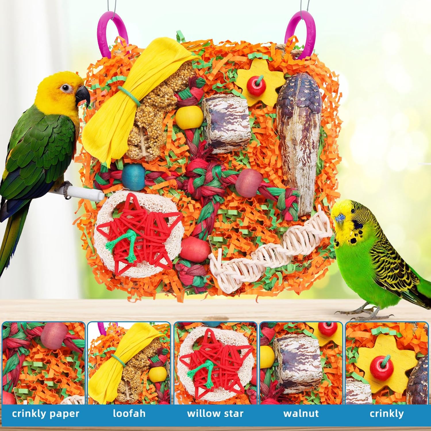 Bird Toys for Small & Medium Parrots - Natural Foraging & Shredding Cage Hanging Toys with Seagrass Mat, Starfruit, Loofah Slices for Budgies, Cockatiels, Lovebirds, Conures (1 PCS) - Happypetzone.online - Image 3