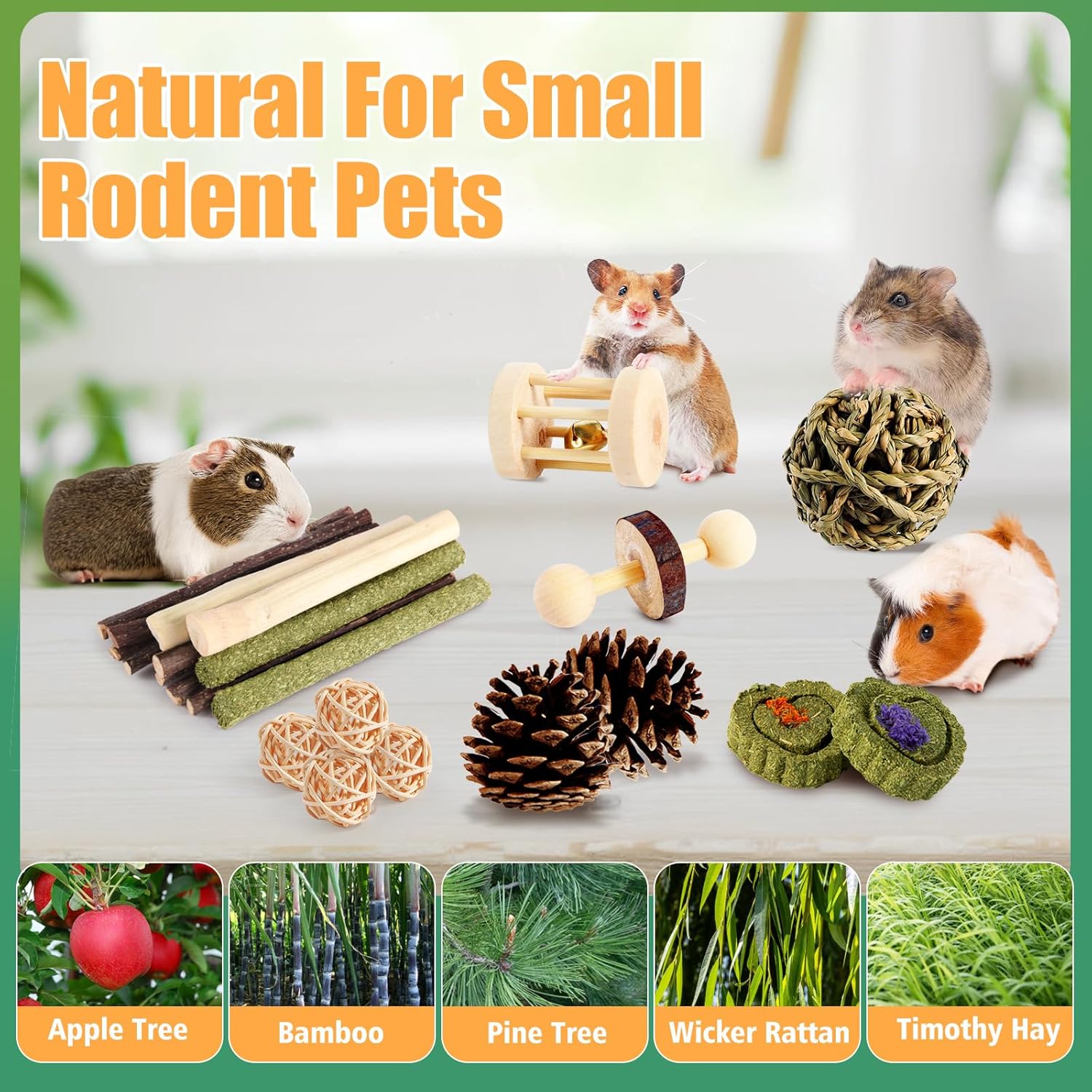 Kyouki Hamster Toys Guinea Pig Toys Set with Tunnel, Chewable Apple Wood & Natural Timothy Hay - Enrichment Chew Toys for Small Animals - 24+ Cage Accessories for Teeth Care & Boredom Relief (Green) - Happypetzone.online - Image 6