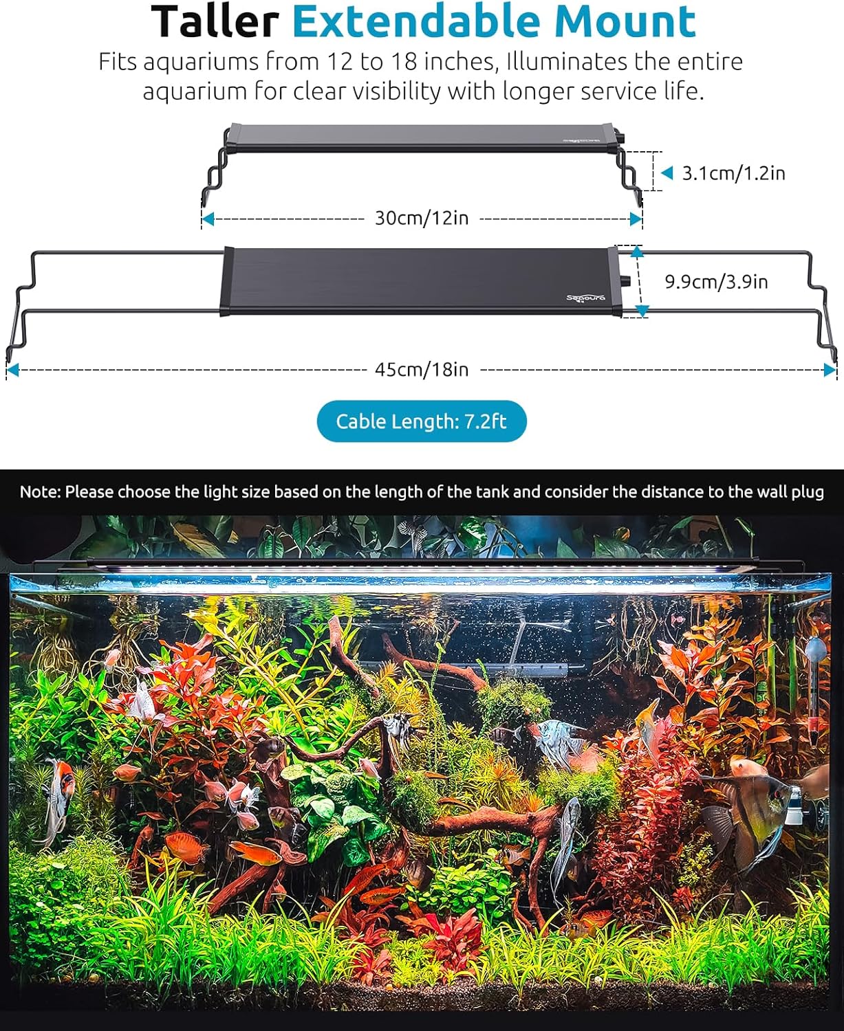 SEAOURA LED Aquarium Light, 24/7 Custom Timer, Power-Off Memory,7-Row LED 12-18in Full Spectrum Fish Tank Light, 8 Colors, 20 Brightness, Day&Night Cycle, Adjustable Mount for Freshwater Plant Growth - Happypetzone.online - Image 6