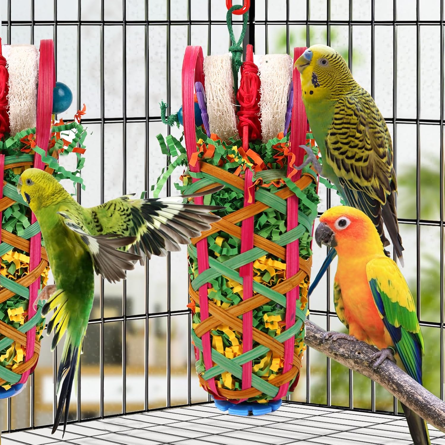 Kyouki Parakeets Toys, 2 PCS Bird Chewing Toys – Perfect for Cockatoos, Conures, Love Birds, Small & Medium Parrots, Fun Foraging & Tearing Bird Cage Accessories (Seeking Food Basket) - Happypetzone.online - Image 5
