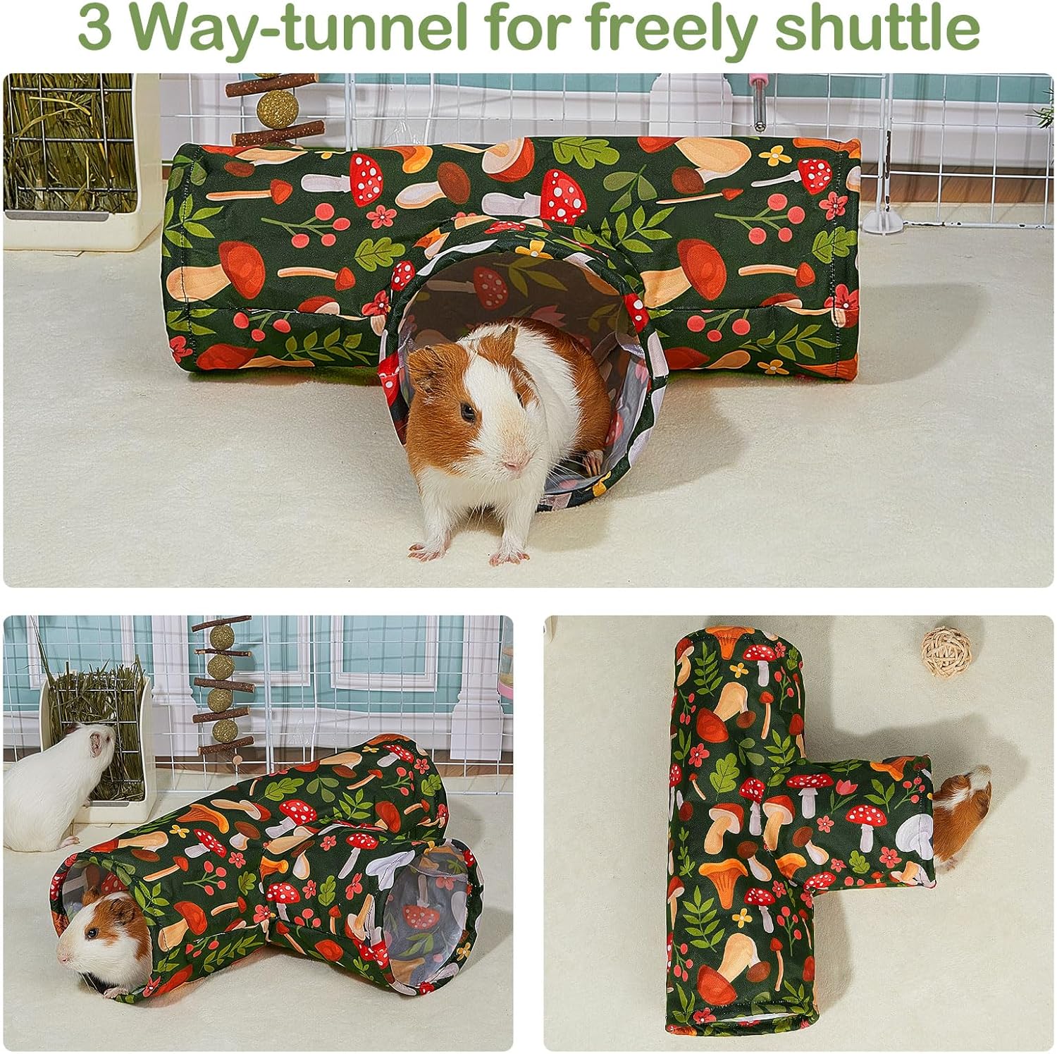 Bienbee Guinea Pig Tunnel, 3 Way Washable Guinea Pig Hideout,Foldable Rabbit Tunnel Guinea Pigs Toys for Bunny Hamster Chinchilla Ferret Rabbit Guinea Pigs Accessories Mushroom - Happypetzone.online - Image 5