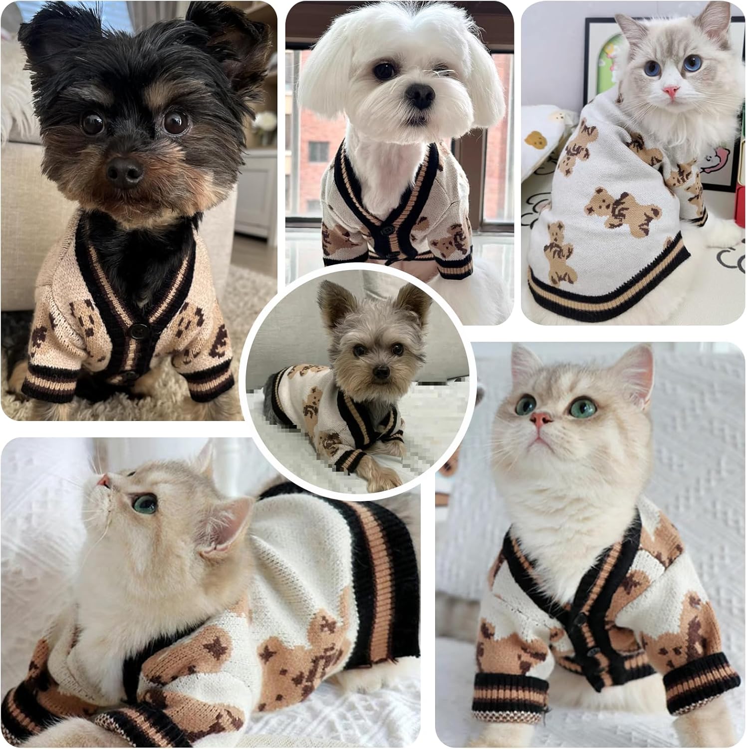 ABRRLO Small Dog Sweaters Cute Bear Dog Cardigans Clothes for Small Medium Dogs Boy Girl Puppy Cat Knitting Cardigan Outfits Dogs Autumn Coats Warm Pet Doggy Clothes Soft Knitwear Apparel (Beige,M) - Happypetzone.online - Image 2