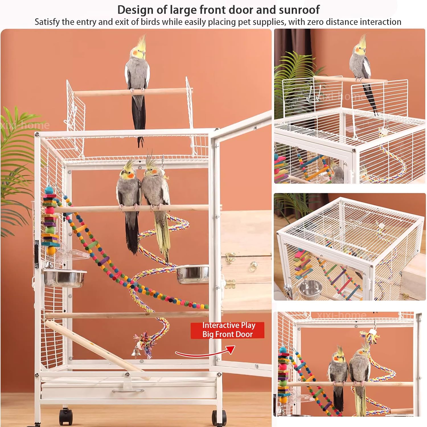 xixi-home Clear Parrot Cage,Metal Bird Cage Ornamental Cage -with Play Top and Wheel,Large Bird Cage Flying Birdcage for Outdoors (Type B - White) - Happypetzone.online - Image 3