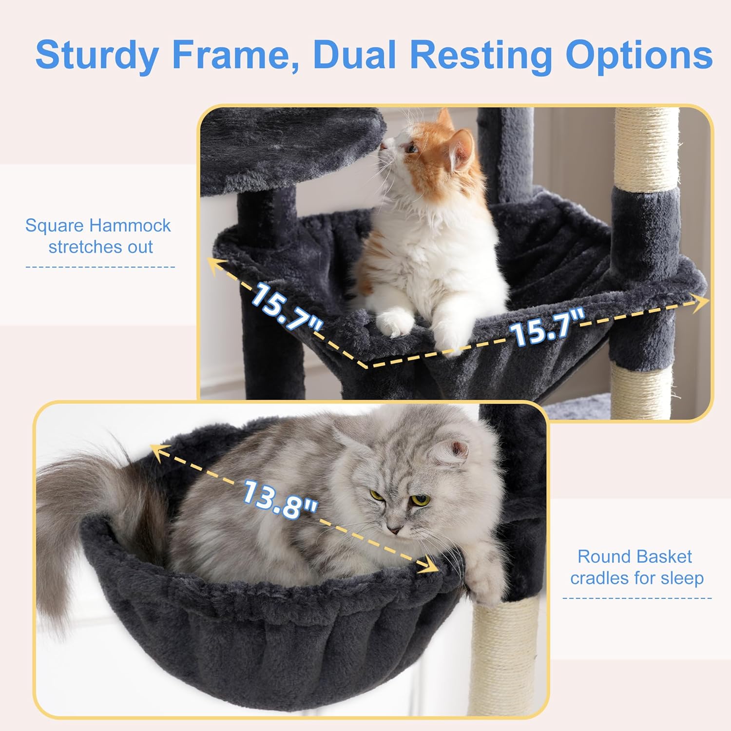 Heybly Cat Tree, 76-Inch Tall Heavy Duty Cat Tower for Big Cats with Extra Wide Baseboard, Multi-Level Large Cat Furniture with 2 Condos & 2 Hammocks, 10 Scratching Posts, Smoky Gray HCT039G - Happypetzone.online - Image 5