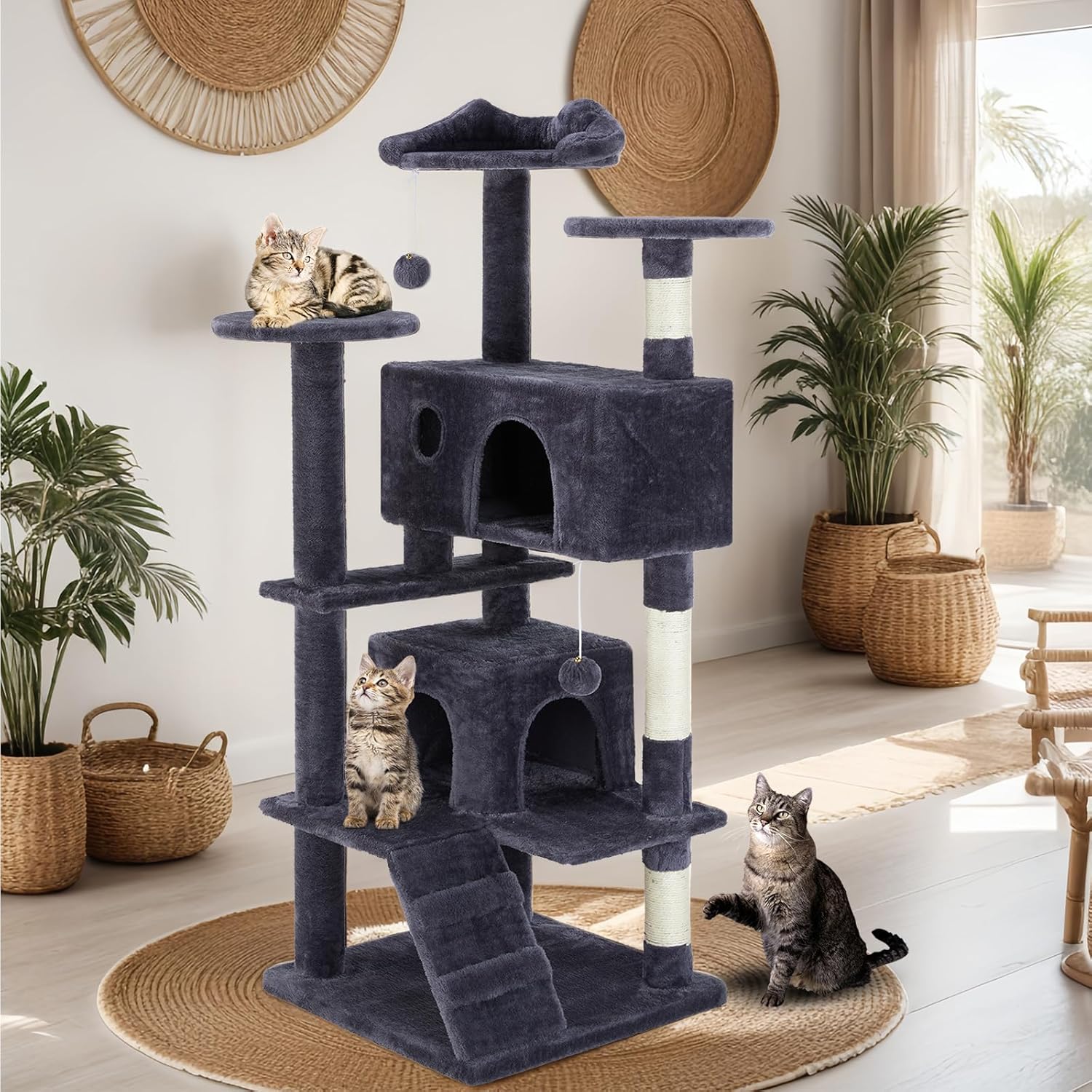 Sweetcrispy 54 Inch Cat Tree Tower, Multi-Level Tower with Cat Scratching Post, Indoor Cat Condo with Climbing Ladder, Plush Toy, Play House for Cat, Dark Grey - Happypetzone.online - Image 7