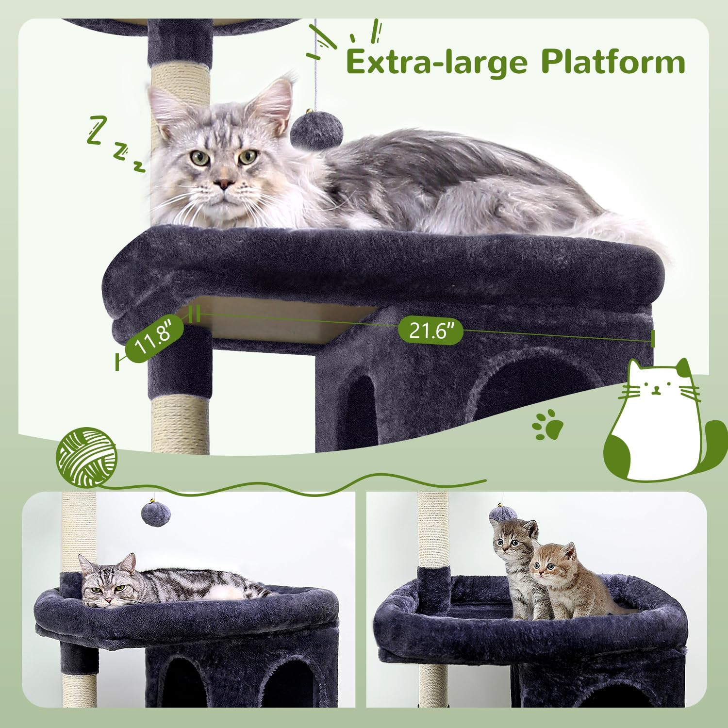 Globlazer Heavy Duty Cat Trees for Large Cats, Sturdy 72in Maine Coon Cat Tree for Large Cats 20 lbs+ Heavy Duty Cat Tower for Adult Biggest Cat with 6 Scratching Posts, Hammock, S72, Dark Gray - Happypetzone.online - Image 3