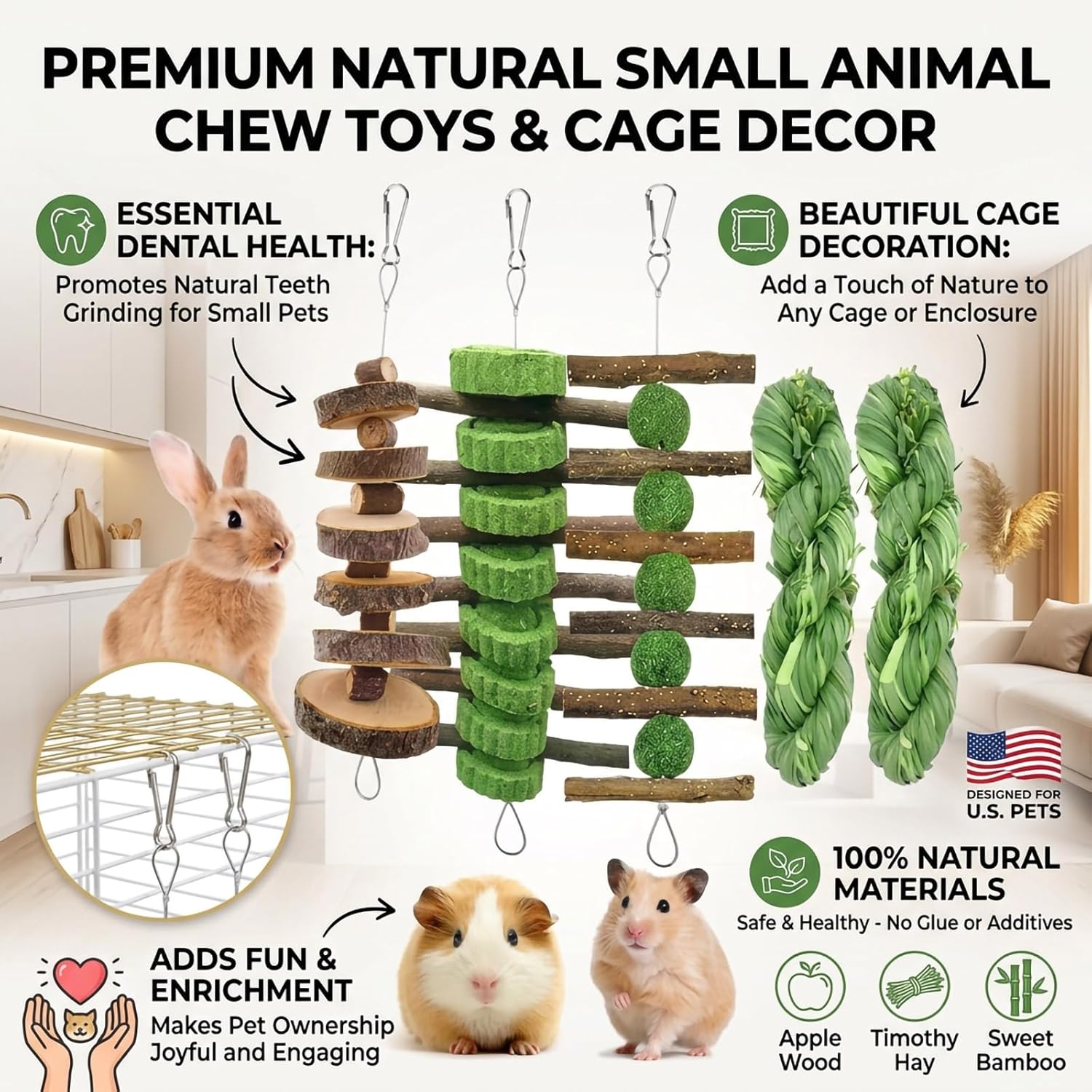 5pcs Rabbit Toys,Bunny Chew Treat for Teeth Grinding,Hanging Timothy Hay Ball +Apple Stick Wood +Alfalfa Grass Cake Food Snack for Cage Guinea Pig Chinchilla Hamster Squirrel Gerbil Rat Parrot - Happypetzone.online - Image 6