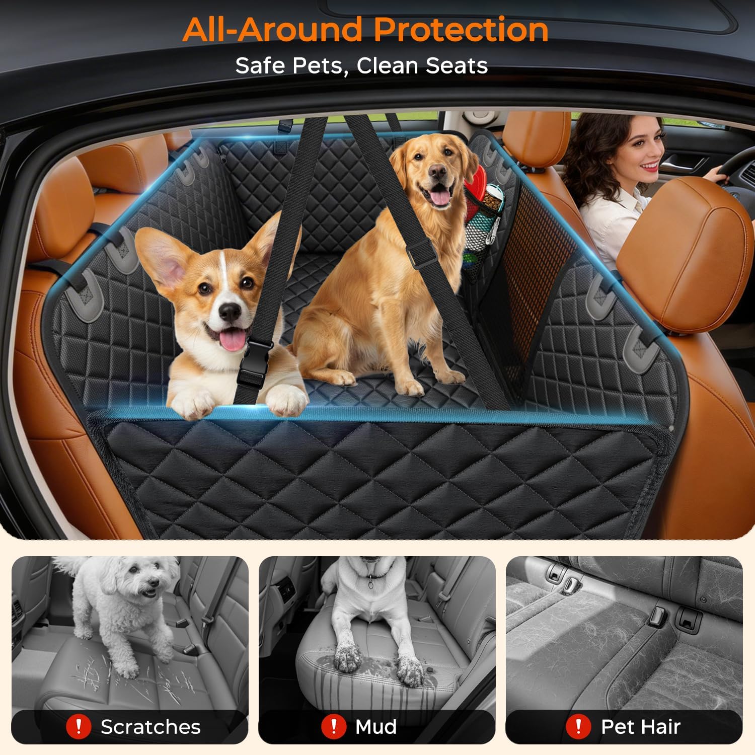 URPOWER Backseat Extender for Dogs - Hard Bottom Dog Car Seat Cover for Back Seat, Dog Hammock for Car and SUV, Pet Rear Seat Protector Dogs Travel Bed with Mesh Window - Happypetzone.online - Image 4