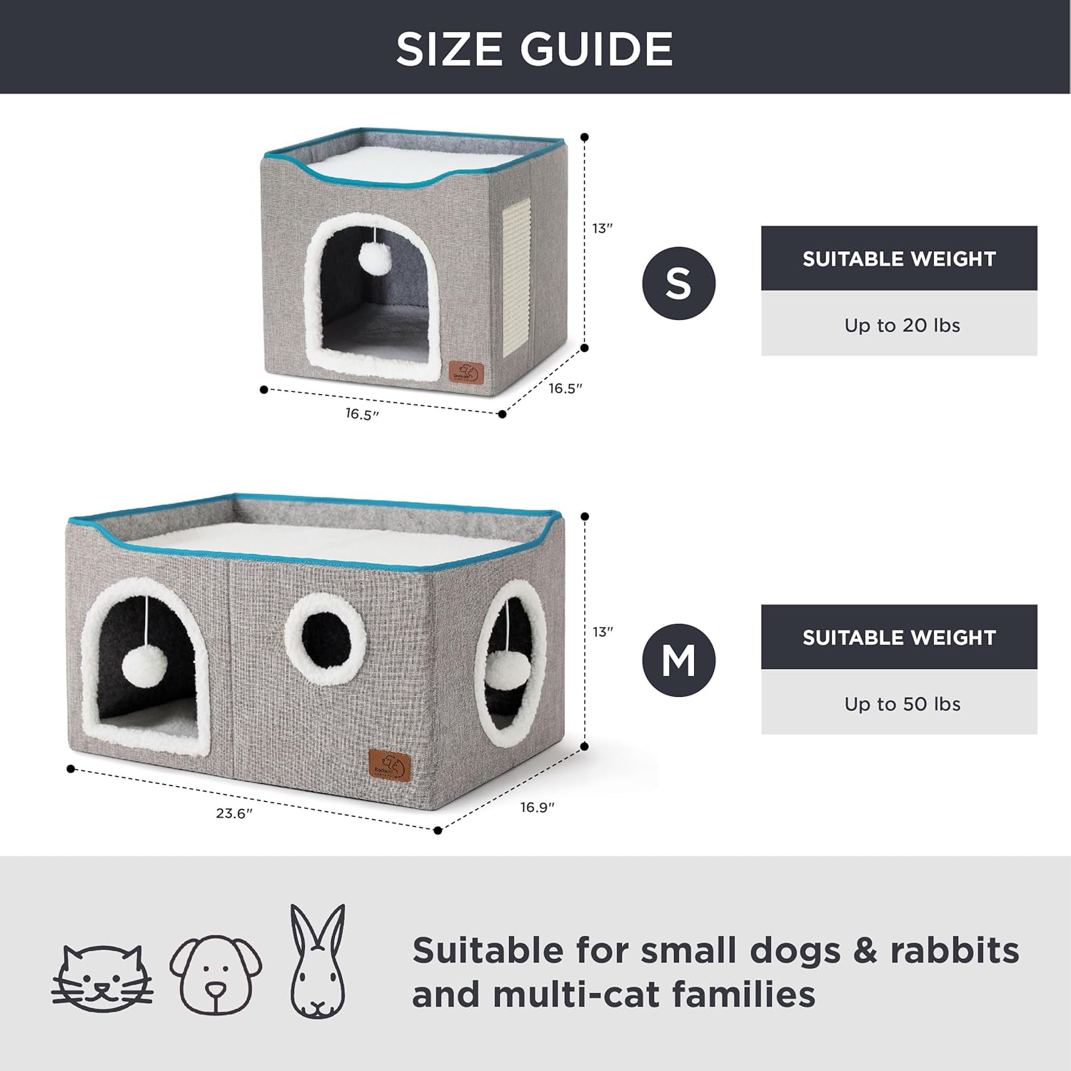 Bedsure Large Cat Beds for Indoor Cats - Extra Wide Cat Cube House for Small Pet with Fluffy Ball Hanging and Scratch Pad, Foldable Pet Cave Hideaway for Multiple Cats, 23.6x16.9x13 inches, Grey - Happypetzone.online - Image 6