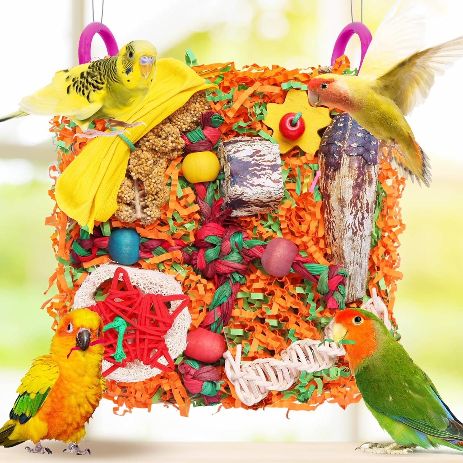 Bird Toys for Small & Medium Parrots - Natural Foraging & Shredding Cage Hanging Toys with Seagrass Mat, Starfruit, Loofah Slices for Budgies, Cockatiels, Lovebirds, Conures (1 PCS) - Happypetzone.online - Image 7
