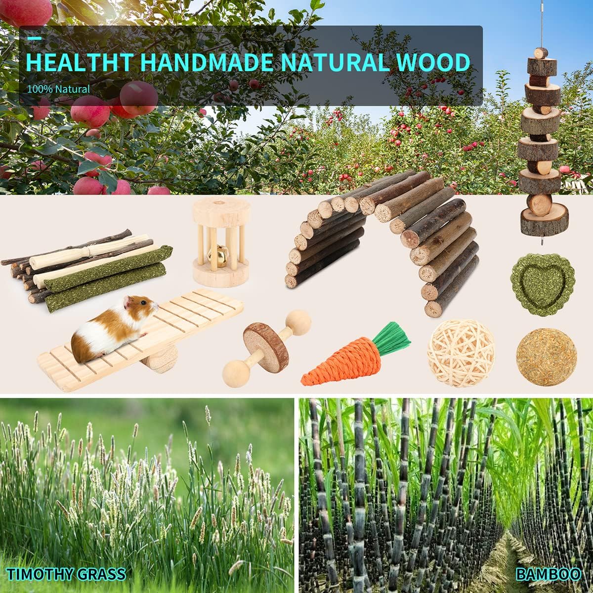 YIXUND Hamster Cage Accessories, 12 Different Chew Toys for Guinea Pig, Chinchillas, Gerbils, Mice, Rats, Mouse, Rabbit, Bunny Hideout Seesaw, Natural Molar Tools - Happypetzone.online - Image 6