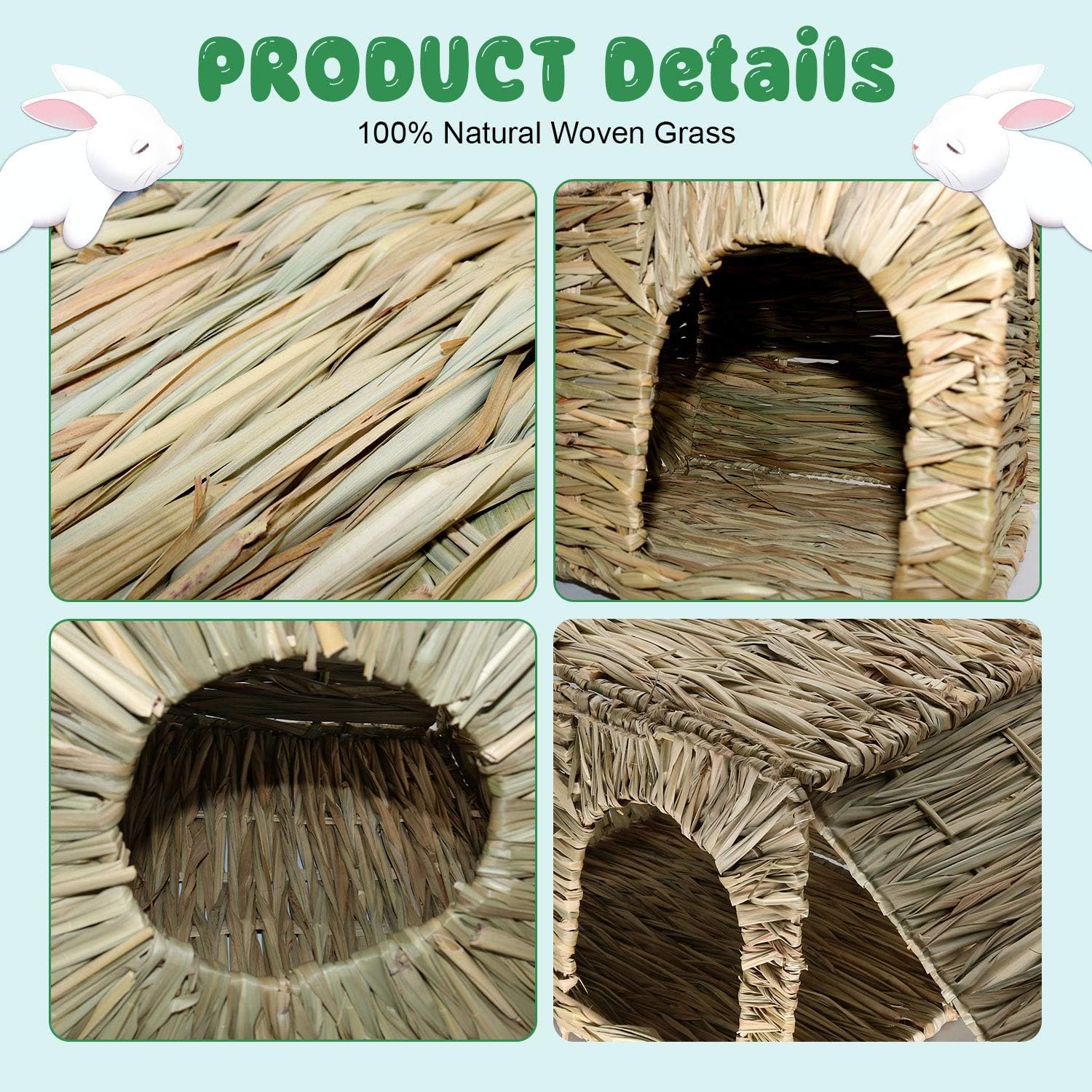BWOGUE Extra Large Grass House for Rabbits,Hand Crafted Natural Grass Hideaway Foldable Bed Hut with Openings Playhouse for Bunny Guinea Pig Chinchilla Ferret for Play and Sleep - Happypetzone.online - Image 3