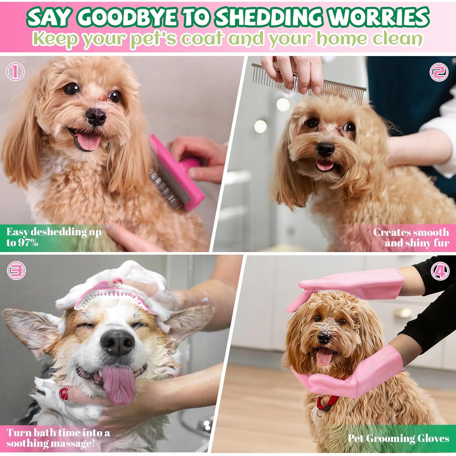 8PCS Dog Slicker Brush for Dogs Grooming Kit,Bath Grooming Kit for Pets,Hair Brush Set with Towel,Washing Gloves,Slicker Comb,and Shampoo Scrubber Brush for Small and Large Dogs and Cats Cats(Pink) - Happypetzone.online - Image 6