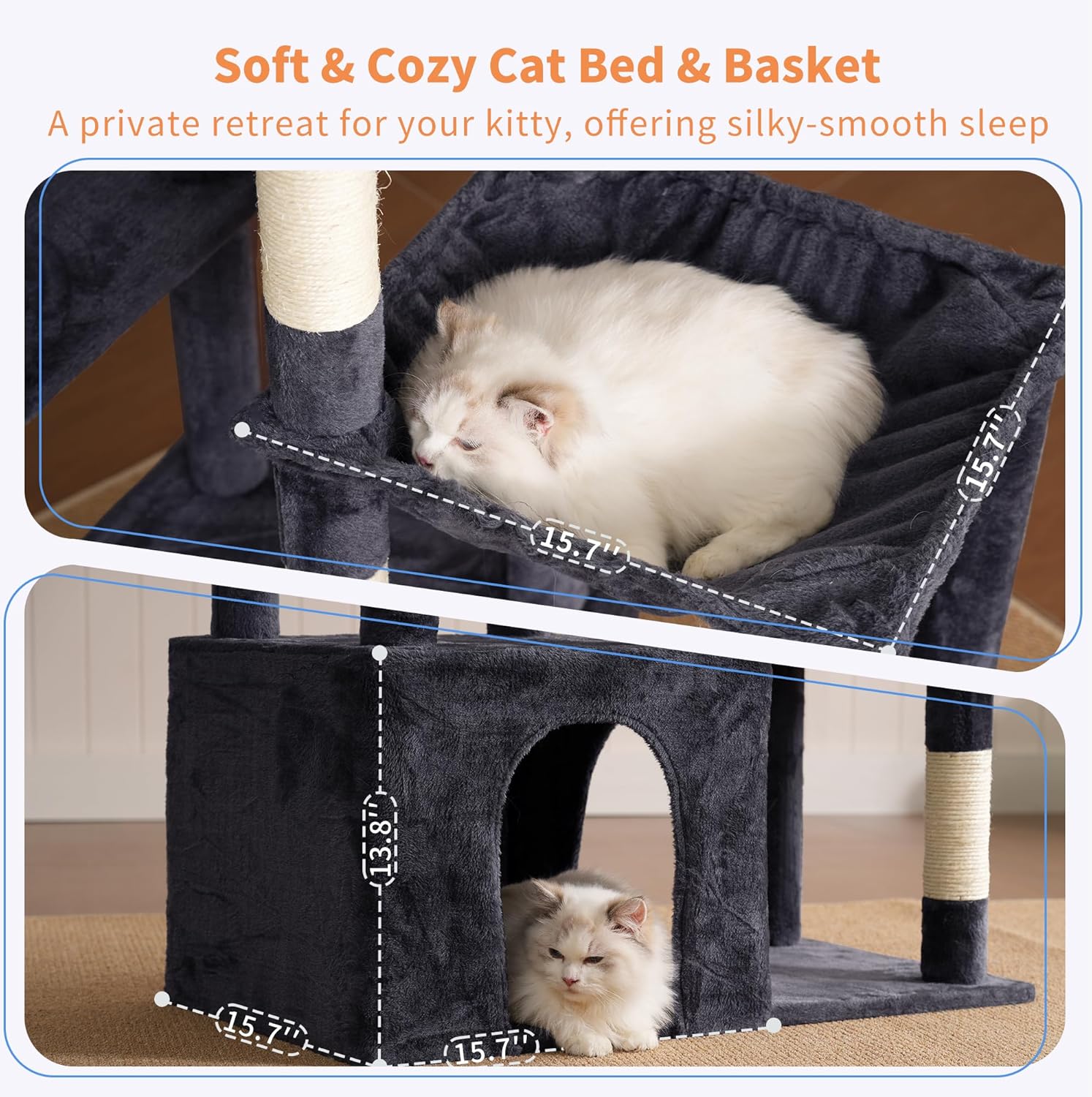 Heybly Heavy Duty Cat Tree, Tower for Indoor Cats large adult, Tall Cat Condo House with Extra-Large Baseboard, Multi-Level Plush Furniture with Scratching Posts, Hammock,Toy Balls, Smoky Gray HCT026G - Happypetzone.online - Image 5