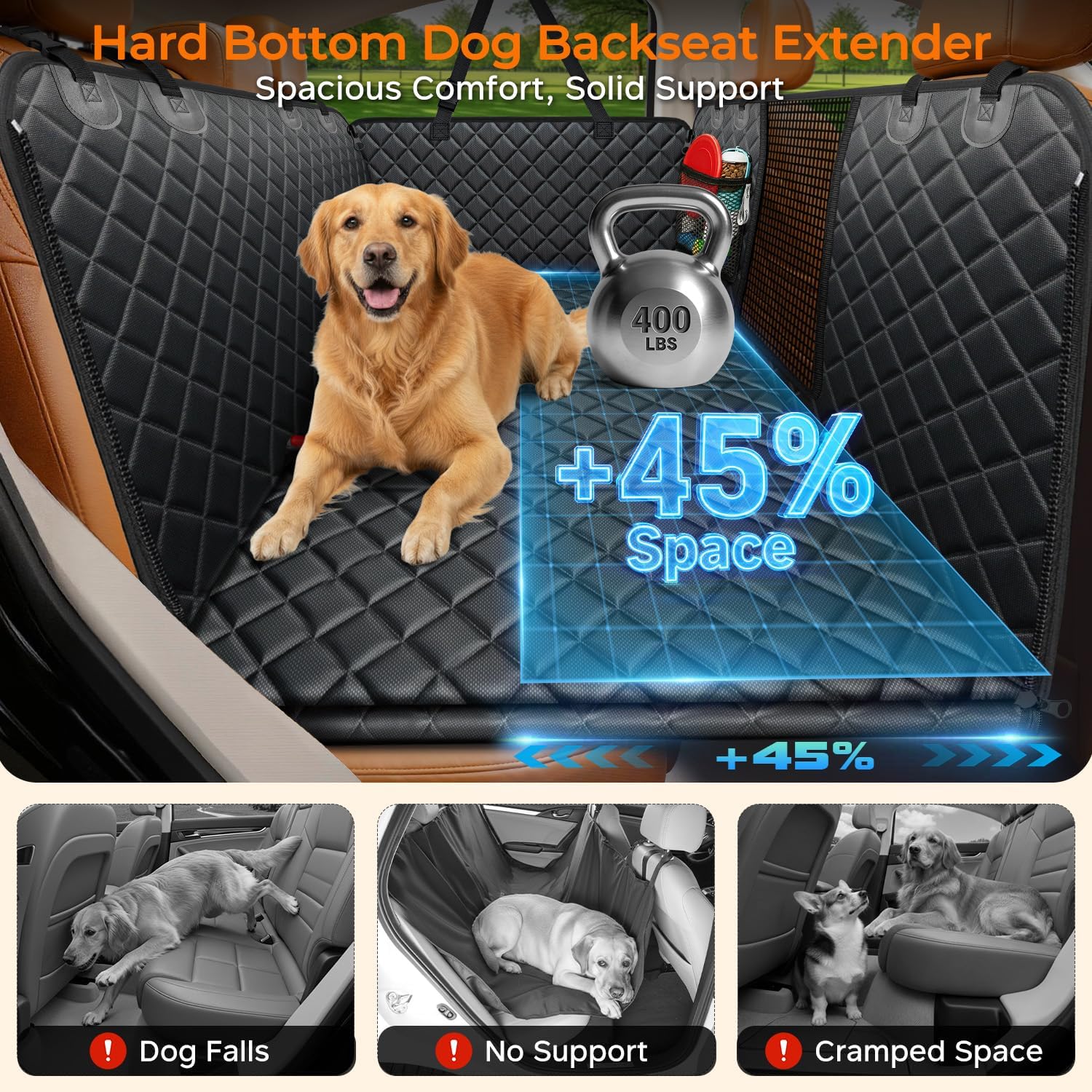 URPOWER Backseat Extender for Dogs - Hard Bottom Dog Car Seat Cover for Back Seat, Dog Hammock for Car and SUV, Pet Rear Seat Protector Dogs Travel Bed with Mesh Window - Happypetzone.online - Image 2