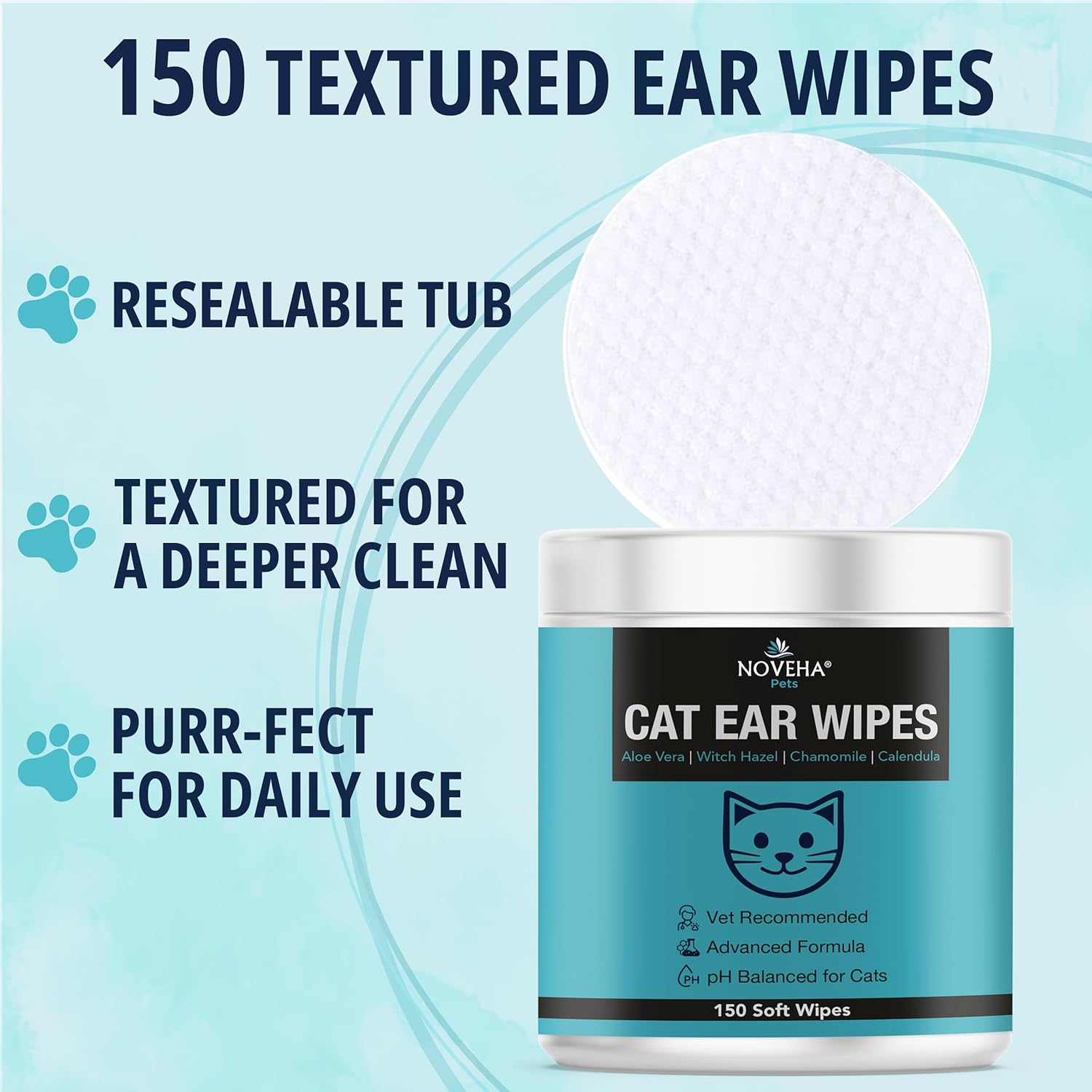 NOVEHA 150 PCs Cat Ear Wipes that Gently Clean & Soothe Sensitive Cat Ears; Soft Ear Cleaner for Removing Wax, Dirt & Odor; Alcohol-Free Ear Care with pH Balanced Formula; Unscented Grooming Care - Happypetzone.online - Image 7