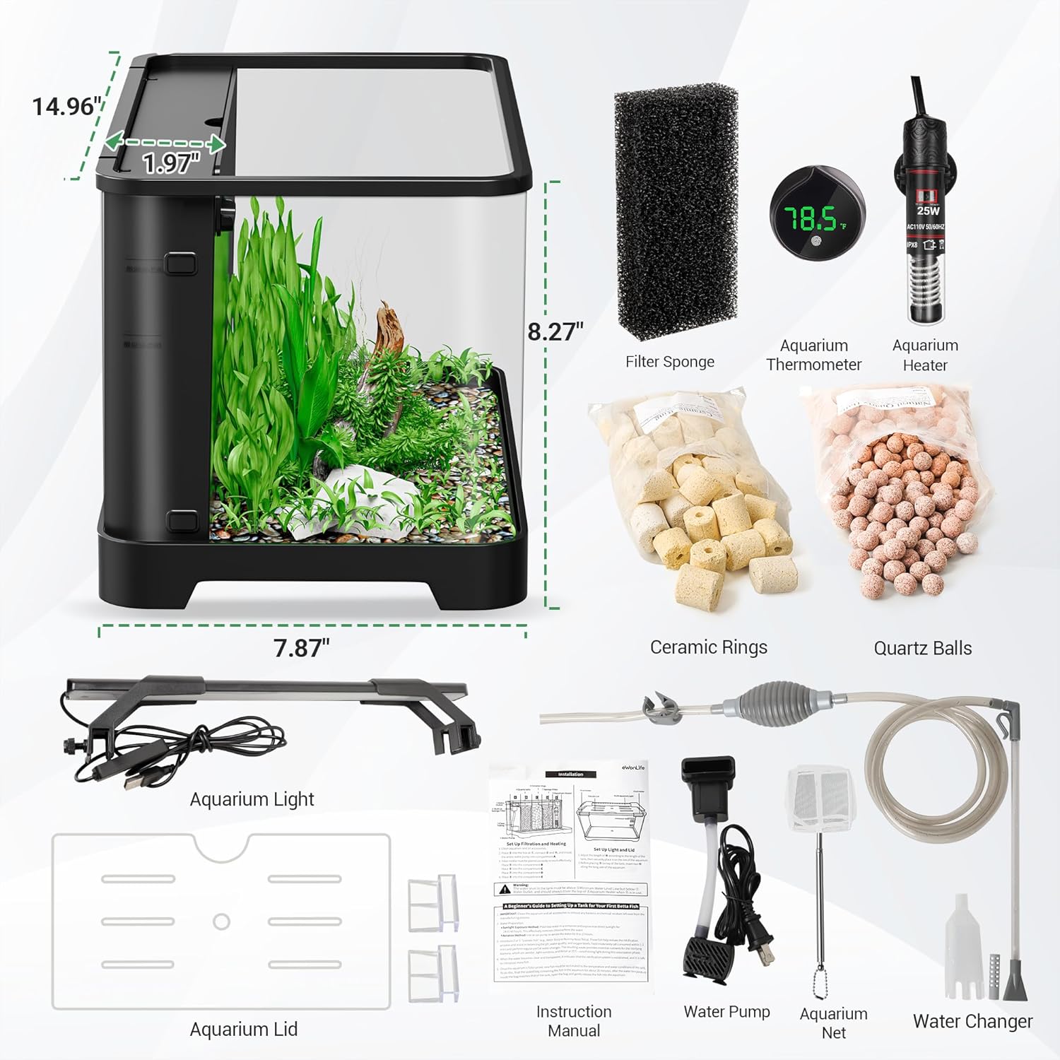 3.5 Gallon Betta Fish Tank, All in One Aquarium Starter Kits with Back Filter, Adjustable Pump, 25W Heater, LED Thermometer, LED Light with Timer & Water Changer Kit, for Mom Wife - Happypetzone.online - Image 8
