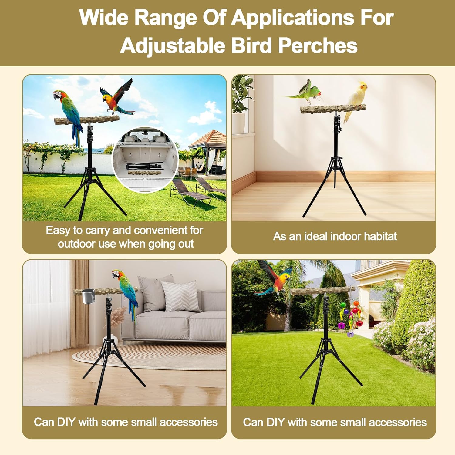 16-63 Inch Height Adjustable Bird Perch Pepper Wood Bird Training Perch Stand Parakeet Perches Indoor and Outdoor Parrot Stands for Small to Medium Bird - Happypetzone.online - Image 6