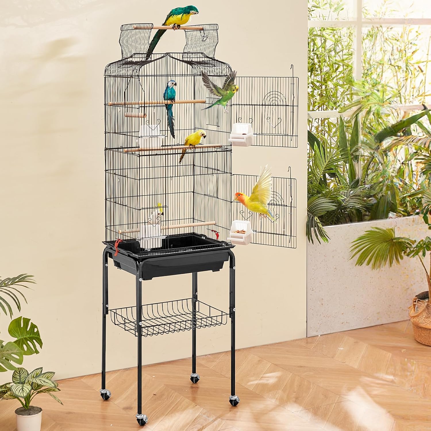 VEVOR 64-inch Open Top Large Parrot Bird Cage with Detachable Rolling Stand for Parakeets Finches Canaries Lovebirds Cockatiels Budgies Small Quaker Conures Flight Birdcage with Swing and Perch - Happypetzone.online - Image 8