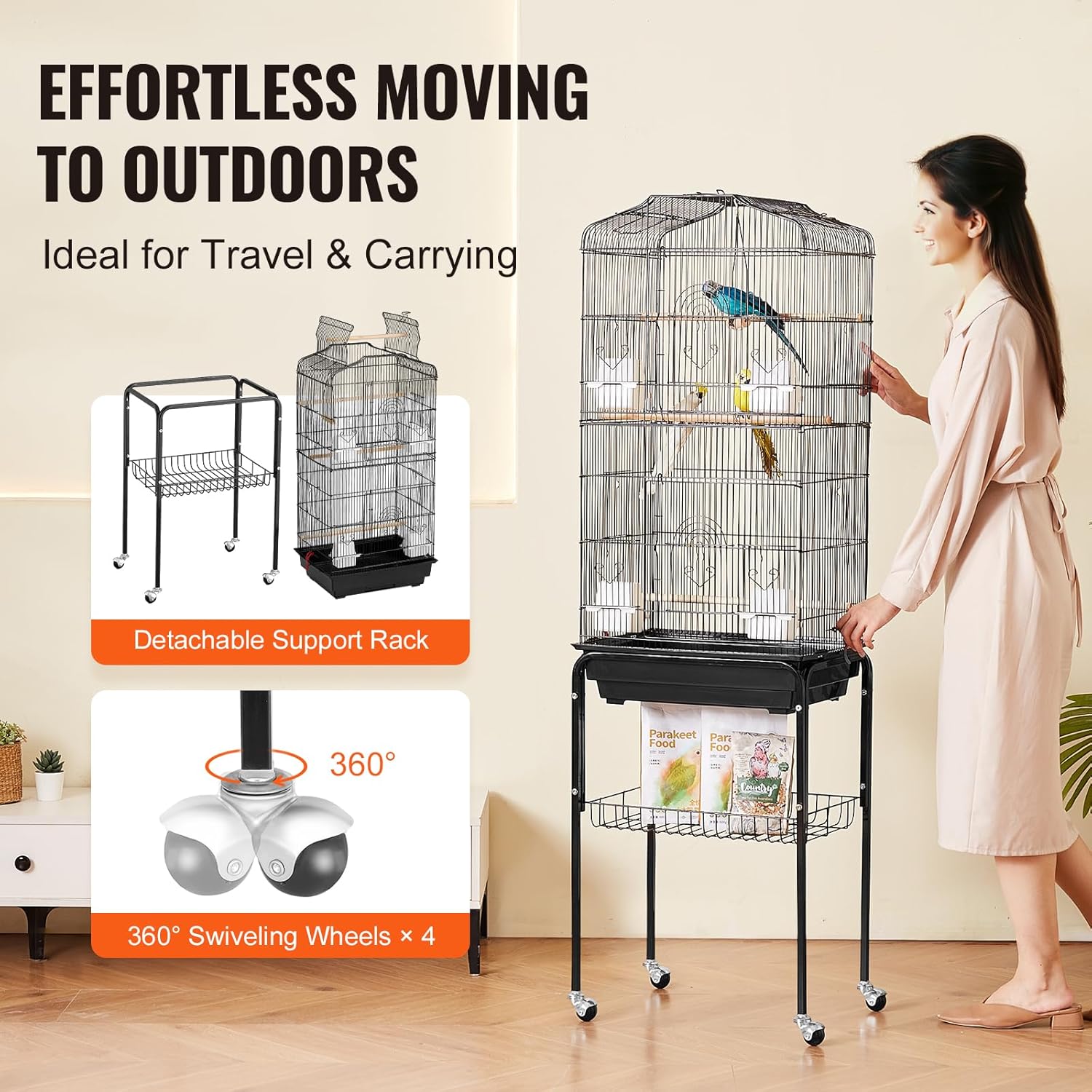 VEVOR 64-inch Open Top Large Parrot Bird Cage with Detachable Rolling Stand for Parakeets Finches Canaries Lovebirds Cockatiels Budgies Small Quaker Conures Flight Birdcage with Swing and Perch - Happypetzone.online - Image 5
