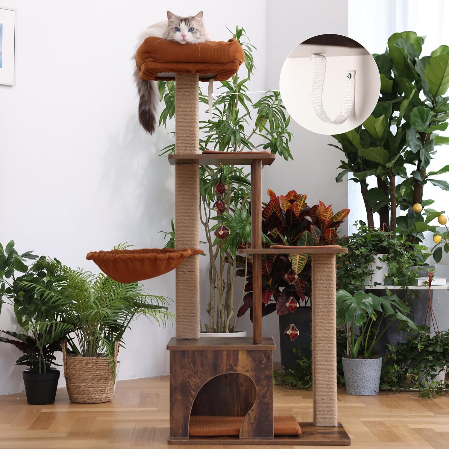 FUKUMARU Cat Tree, 4 in 1 Large Modern Cats Tower with Jute Scratching Post and Hammock, Wood Cat Condo with silvervine Balls, Brown Cat Climber Stand Playhouse for Indoor Cats, Retro Style - Happypetzone.online - Image 2