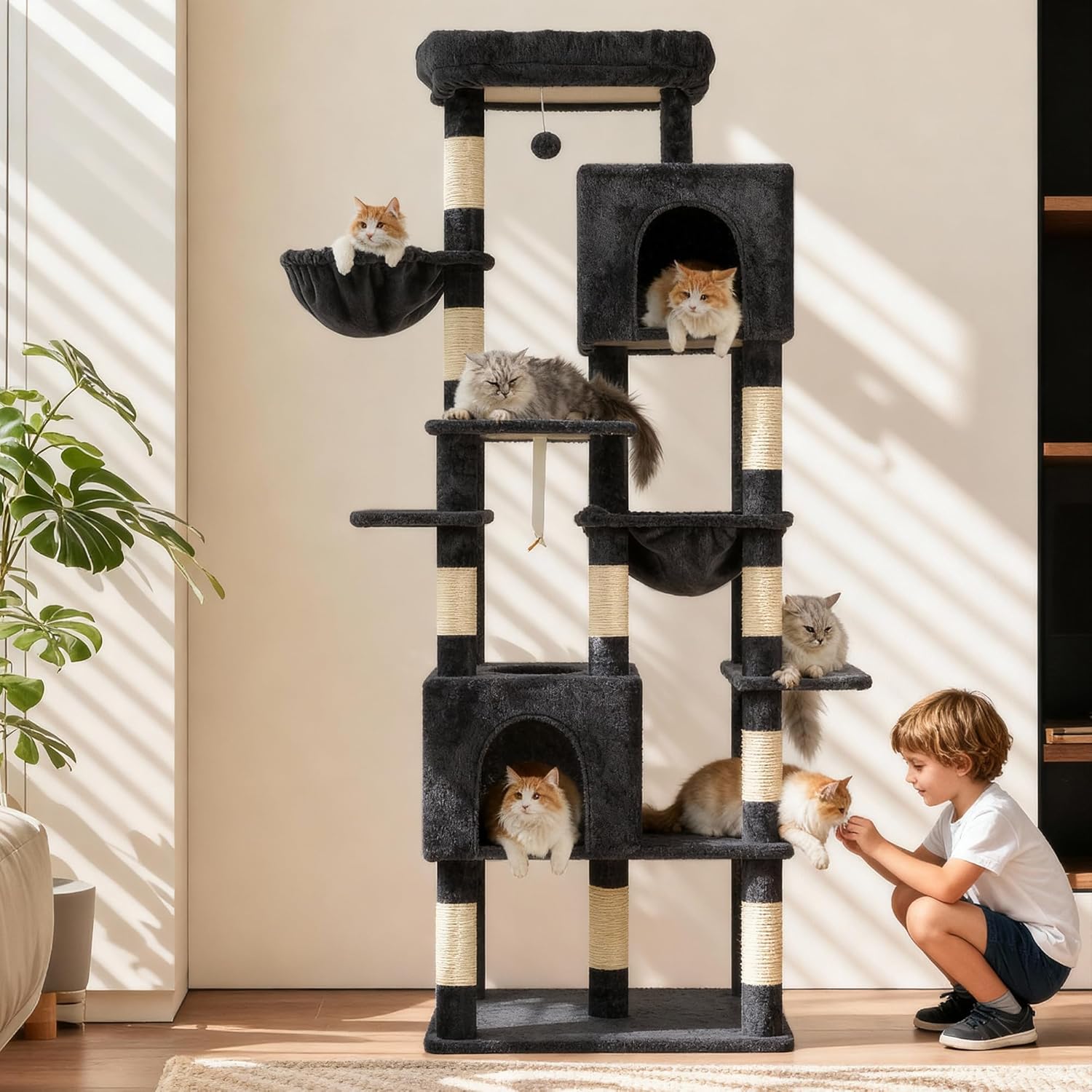 Heybly Cat Tree, 76-Inch Tall Heavy Duty Cat Tower for Big Cats with Extra Wide Baseboard, Multi-Level Large Cat Furniture with 2 Condos & 2 Hammocks, 10 Scratching Posts, Smoky Gray HCT039G - Happypetzone.online - Image 10