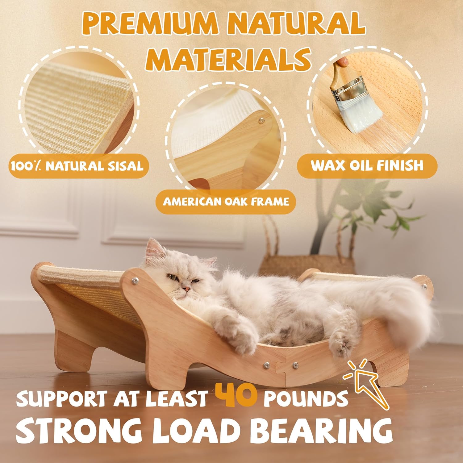 Natural Sisal Cat Scratcher Bed for Indoor Cats Scratching Post Hammock Lounge with Oak Frame, Wooden Cat Furniture for Large Cats, Modern Scratcher - Happypetzone.online - Image 2