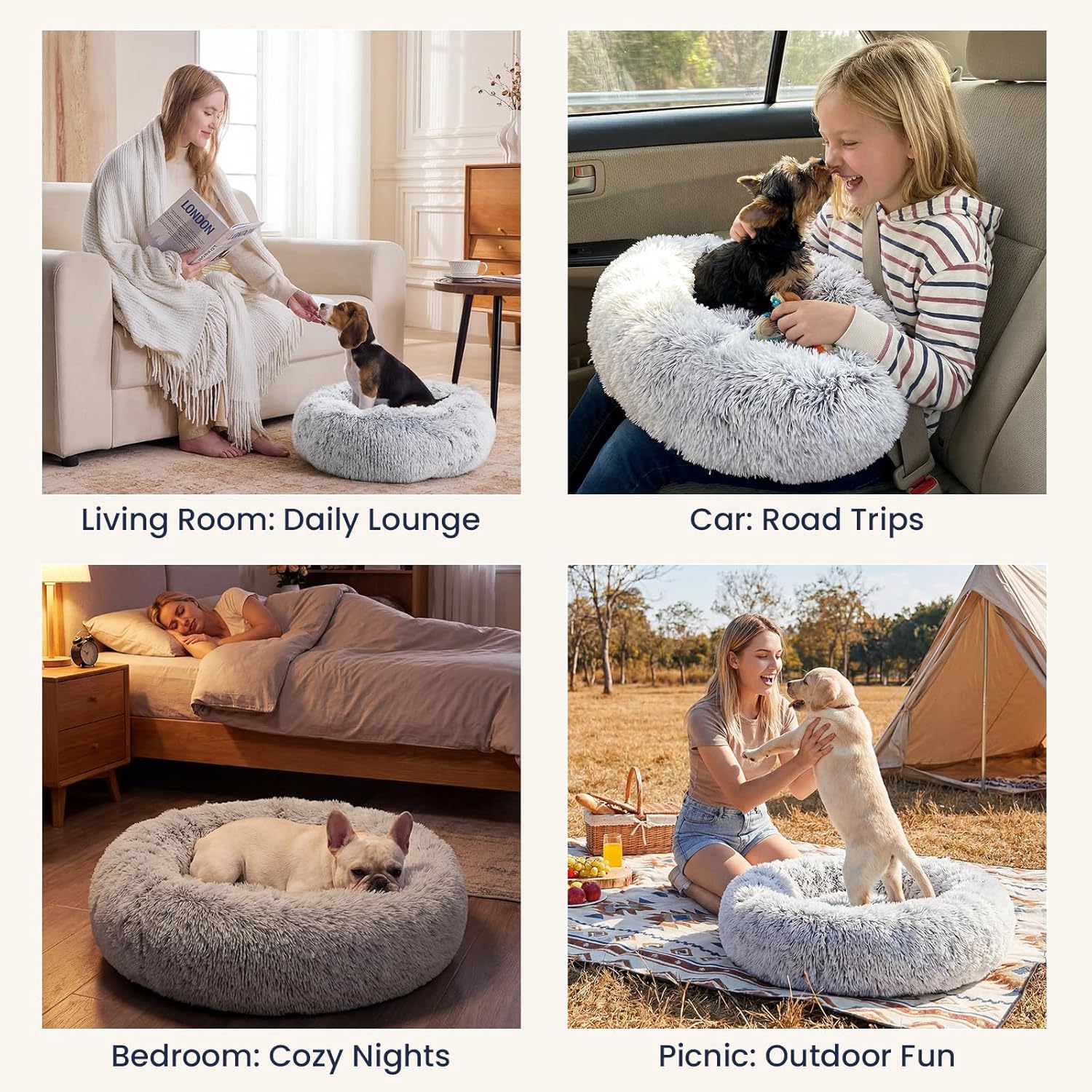 JOLLYVOGUE Small Dog & Cat Beds for Indoor Cats - 20 inches Calming Donut Dog Bed for Kittens & Puppies, Washable Round Fluffy Plush Faux Fur Pet Beds (Smoke Grey) - Happypetzone.online - Image 6