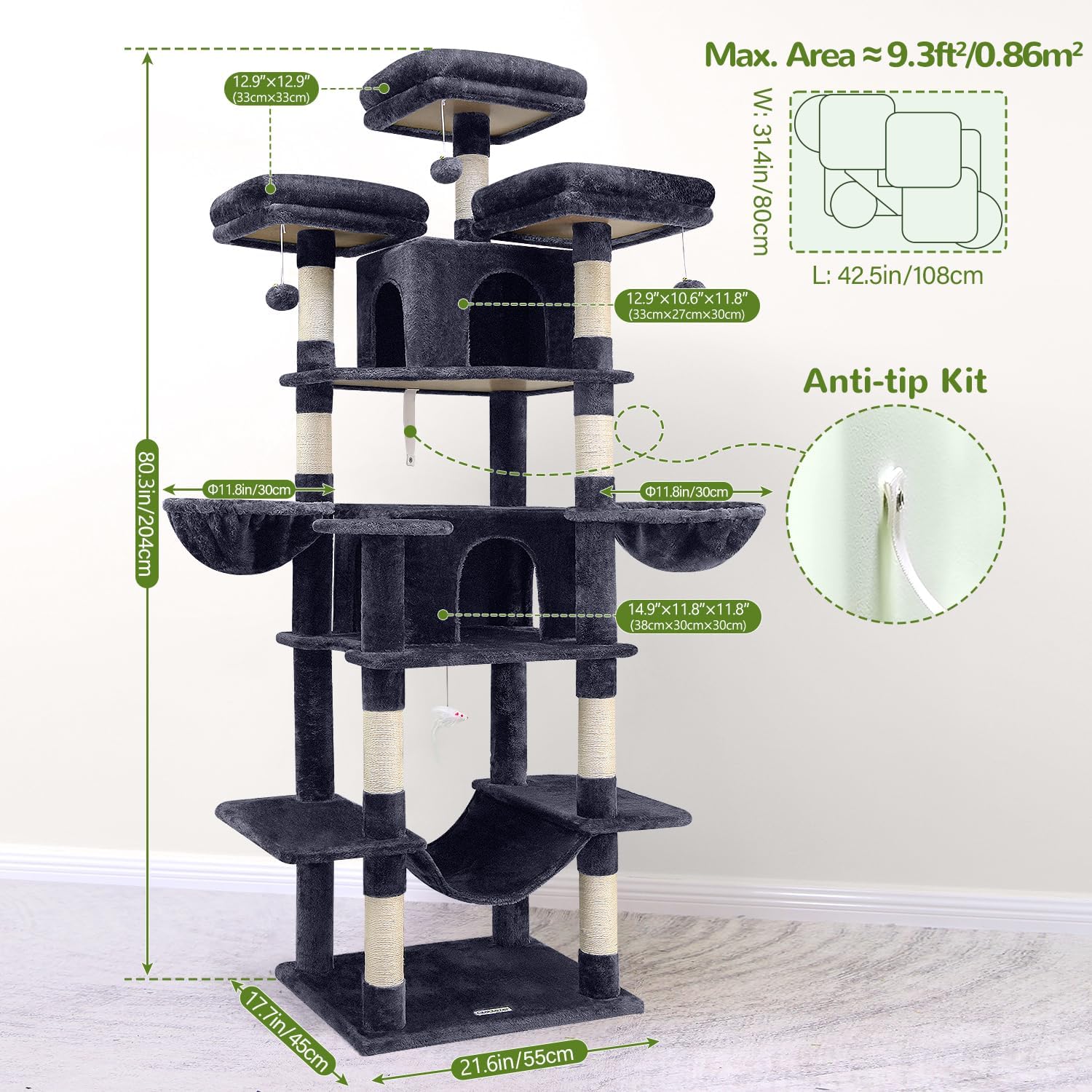 Globlazer Big Cat Tower for Indoor Cats, 80inch Cat Tower for Multiple Adult Cats XXL Cat Tree with Scratching Post, Hammock, 3 Perches, 2 Condos, 2 Hanging Basket, F80, Dark Grey - Happypetzone.online - Image 6