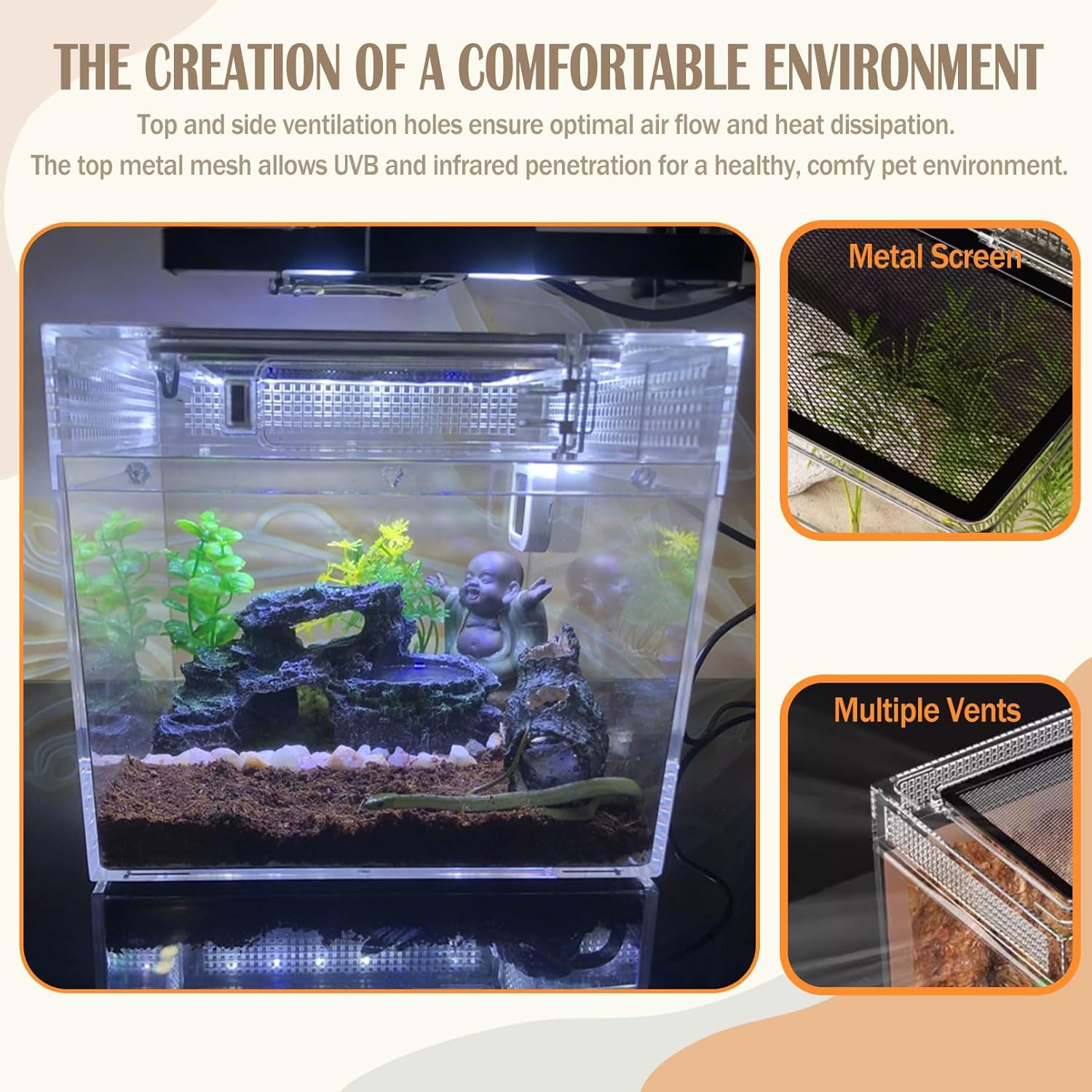 Reptile Terrarium, Jumping Spider Enclosure Starter Kit, Leopard Gecko Habitat Container, 8"x8"x7"Reptile Tank for Tarantula, Hermit Crab, Insect, Fish, Frog, Small Bearded Dragon, Lizard - Happypetzone.online - Image 3