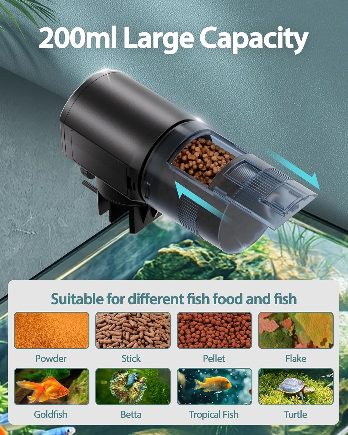Automatic Fish Feeder Dispenser for Aquarium: 200ml Large Capacity Auto Feeders for Small Tank Turtle Betta Koi - Battery Food Feeding Timer for Flakes Pellet Vacation Weekend Day - Happypetzone.online - Image 4